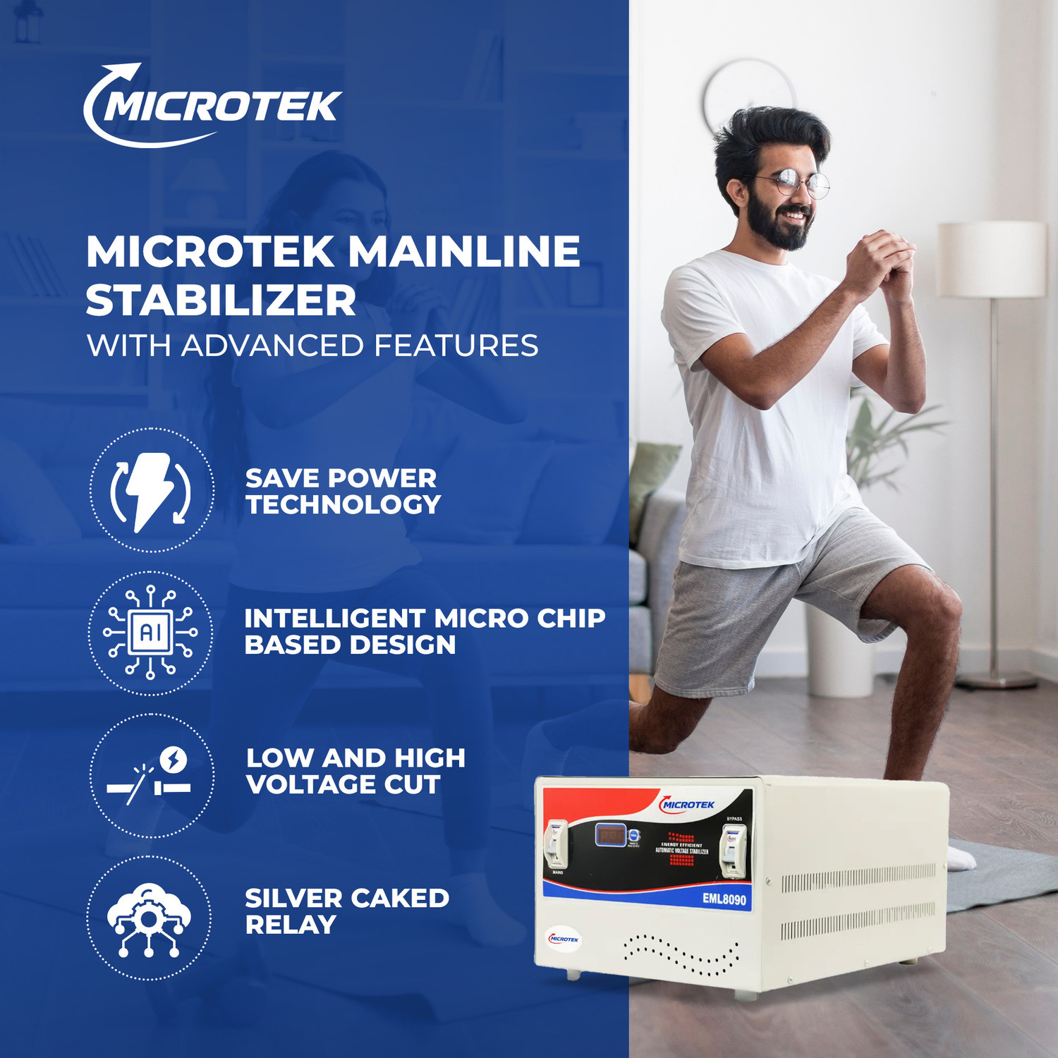 Image of Microtek EML10090 Auto Start | Low & High Cut-Off | MCB Protection | Input Range 100V-290�5V
