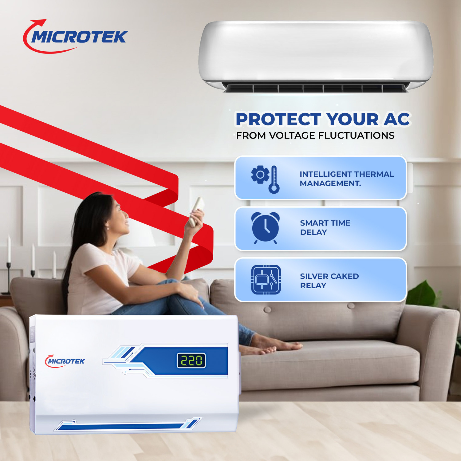 Image of Microtek PEARL EM4140+ Automatic Voltage Stabilizer for AC up to 1.5 Ton Working Power140V-290V