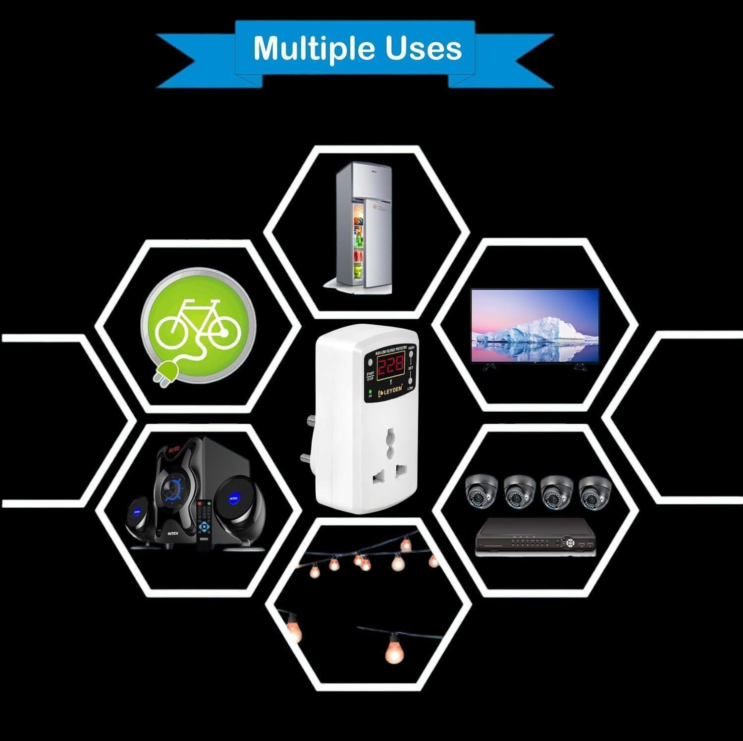 Image of Leyden LE-LVP 6A, 220VAC, Digital Under-Over Voltage Protector Plug Socket, Adjustable Hi-Low Voltage Cut off Auto Re-Connect 30 Seconds, for TV, CCTV, FRIDGE, ETC.