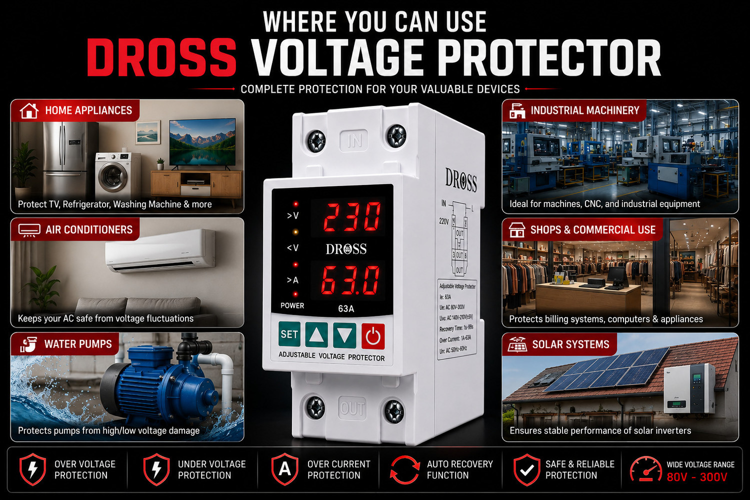 Image of Dross Automatic Voltage Protector 63A | Over Voltage, Under Voltage & Over Current |Intelligent Protection|Digital Display | Auto Recovery|Single Phase 230V