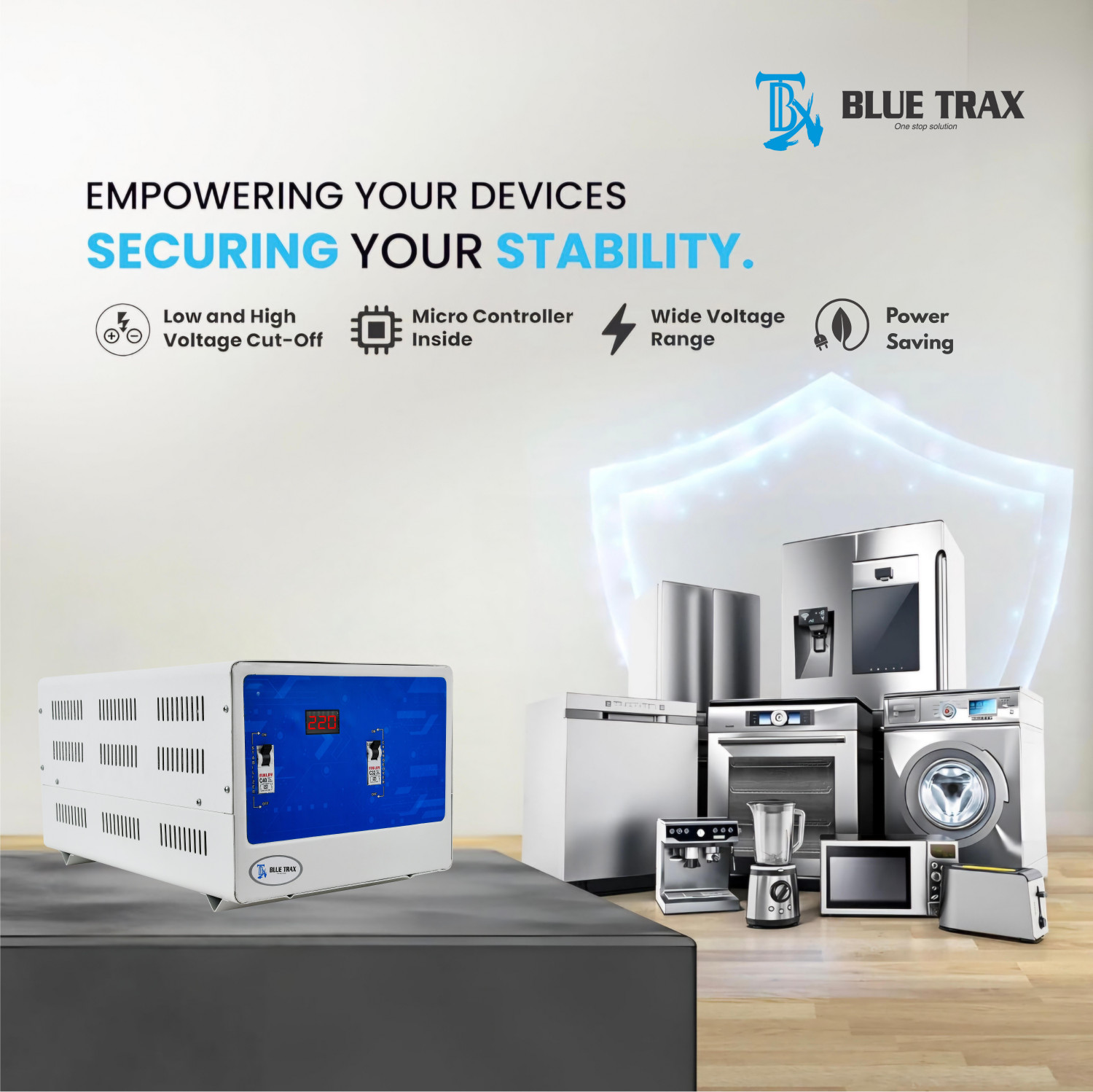 Image of BLUE TRAX Mainline Copper Table Top Digital 10 KVA Heavy-Duty 8000W, 70V-280V Voltage Stabilizer