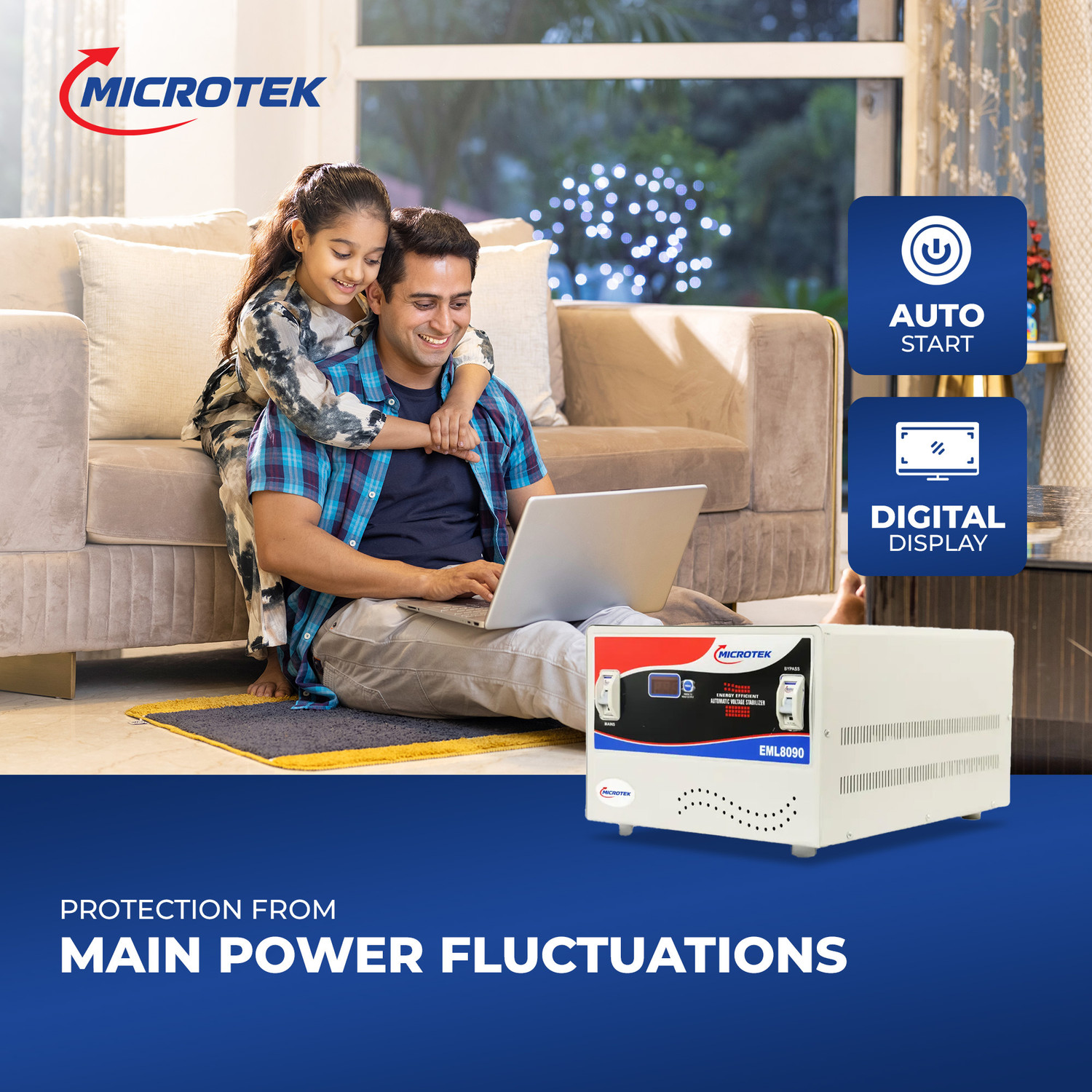 Image of Microtek EML10090 Auto Start | Low & High Cut-Off | MCB Protection | Input Range 100V-290�5V