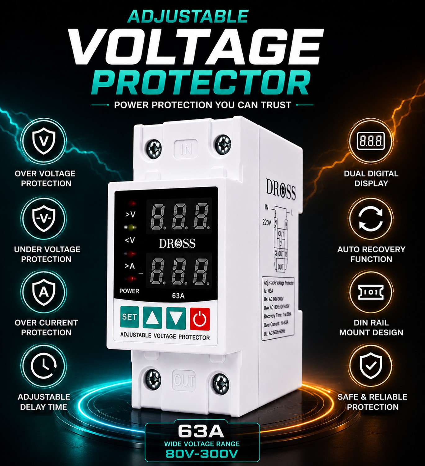 Image of Dross Automatic Voltage Protector 63A | Over Voltage, Under Voltage & Over Current |Intelligent Protection|Digital Display | Auto Recovery|Single Phase 230V