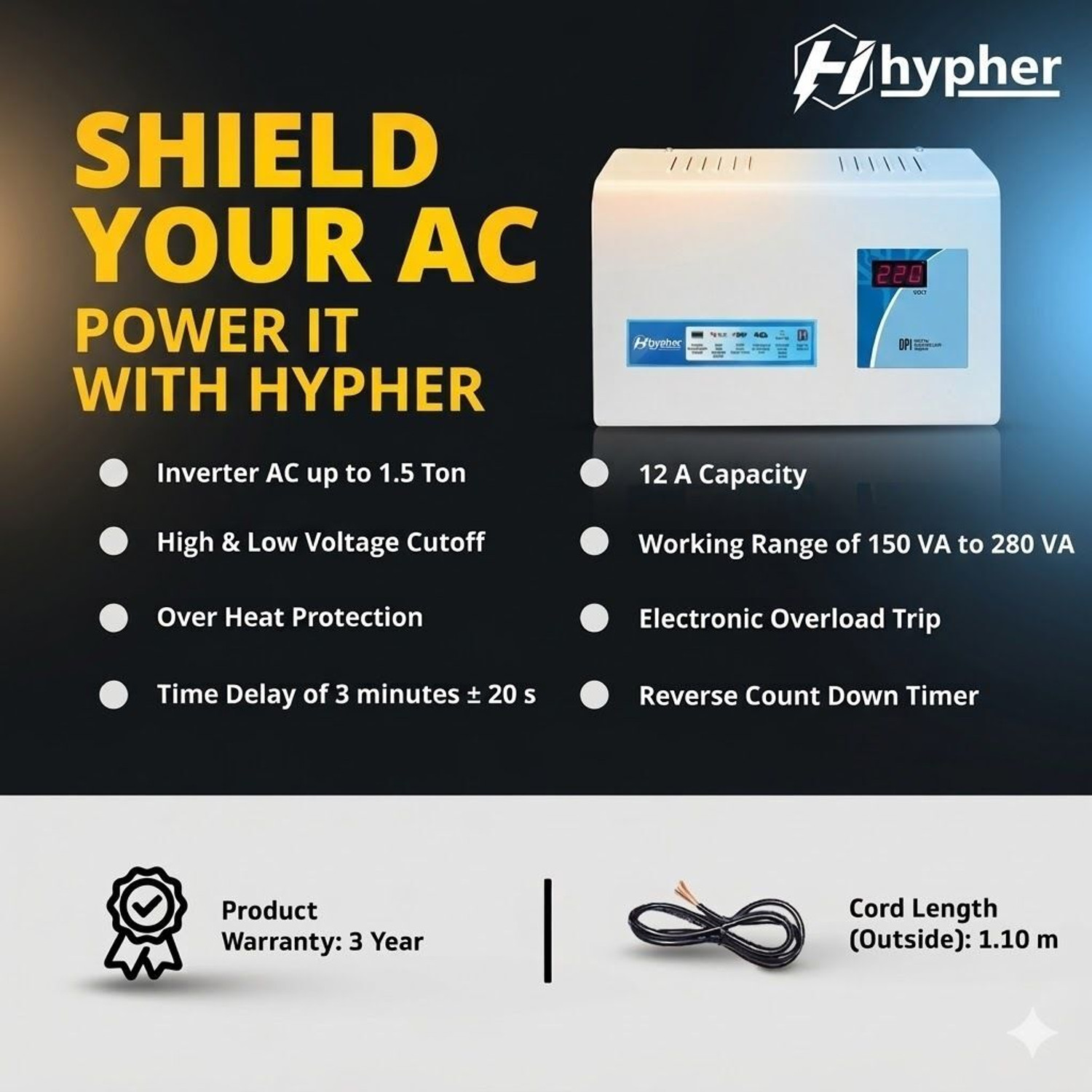 Image of Hypher KAVACH 150 FOR AC UPTO 1.5 TON WORKING RANGE 150-280 VA VOLTAGE STABLIZER