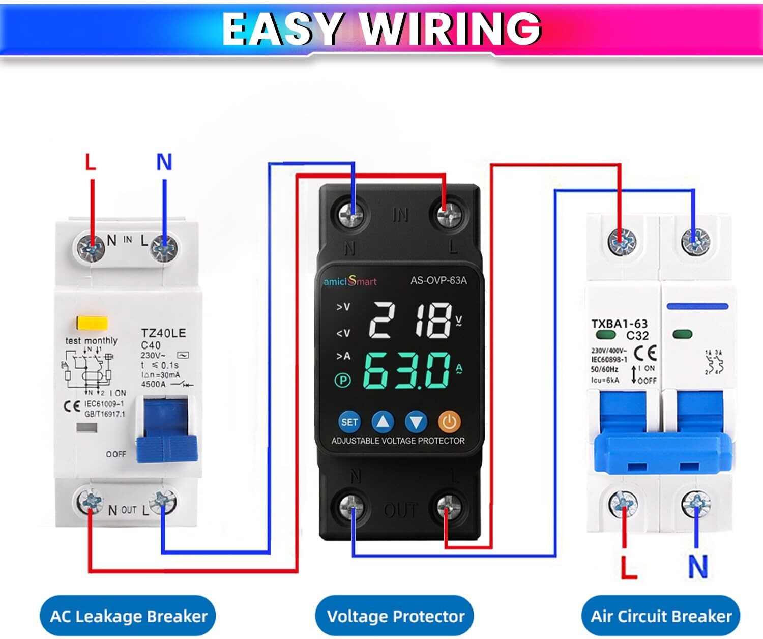 Image of amiciSmart Auto Over /Under Voltage & Overload Protection 63A Din-Rail LED with Mount Voltage Protection