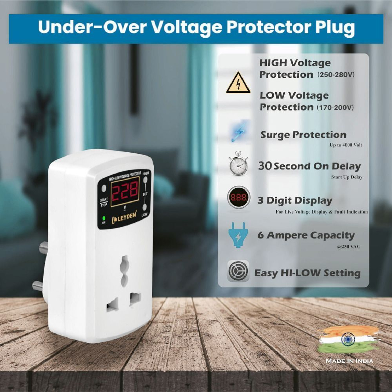 Image of Leyden LE-LVP 6A, 220VAC, Digital Under-Over Voltage Protector Plug Socket, Adjustable Hi-Low Voltage Cut off Auto Re-Connect 30 Seconds, for TV, CCTV, FRIDGE, ETC.