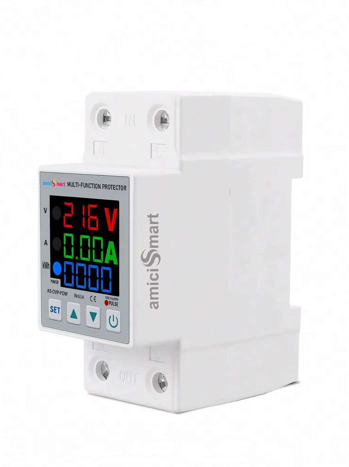 amiciSmart Over/Under Voltage, Over Current/Load Protection with Digital Energy Meter 63A, 230V DIN Rail Mounted Smart Device