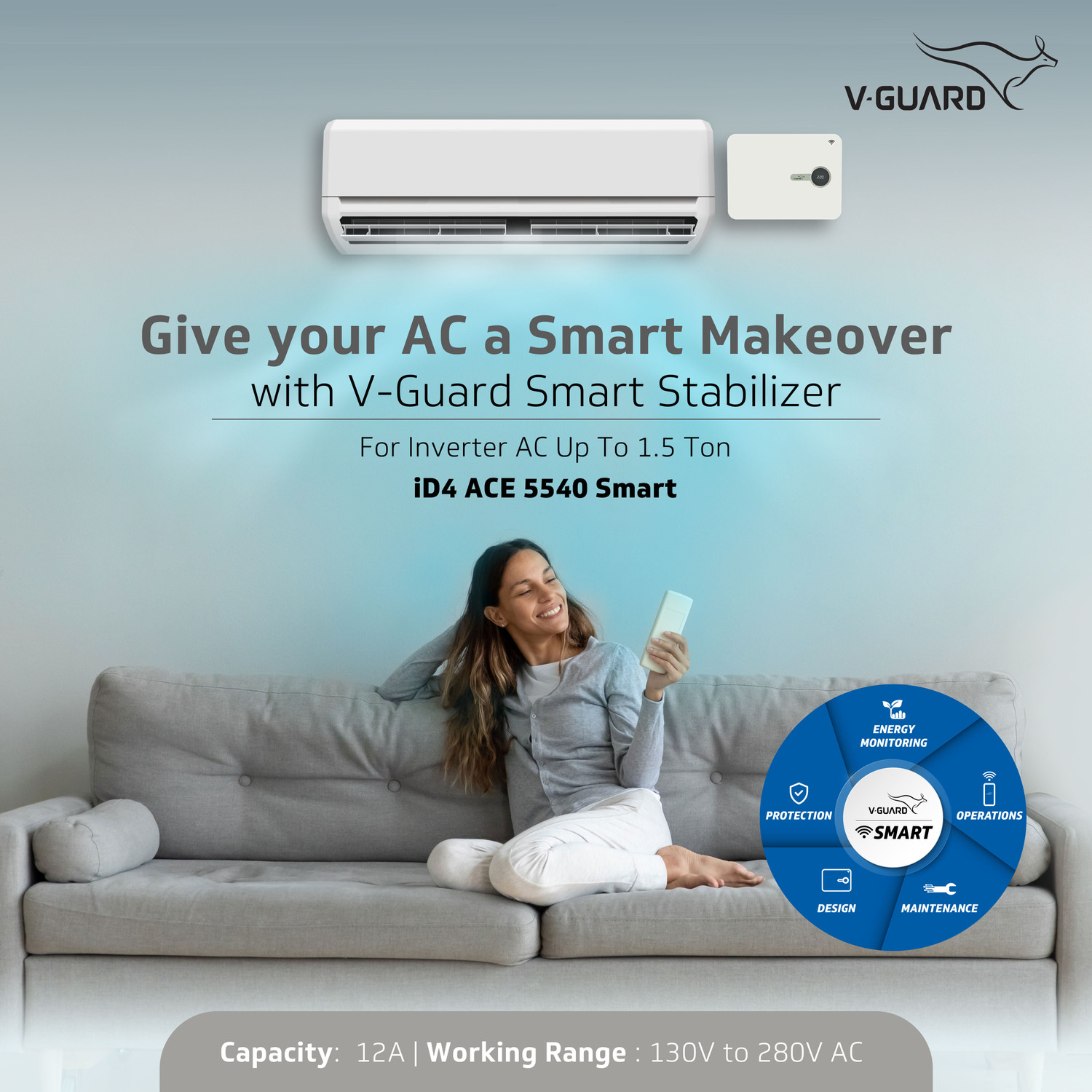 Image of V-Guard iD4 Ace 5540 Smart AC Stabilizer for 1.5 Ton AC | Voice Control using Google & Alexa