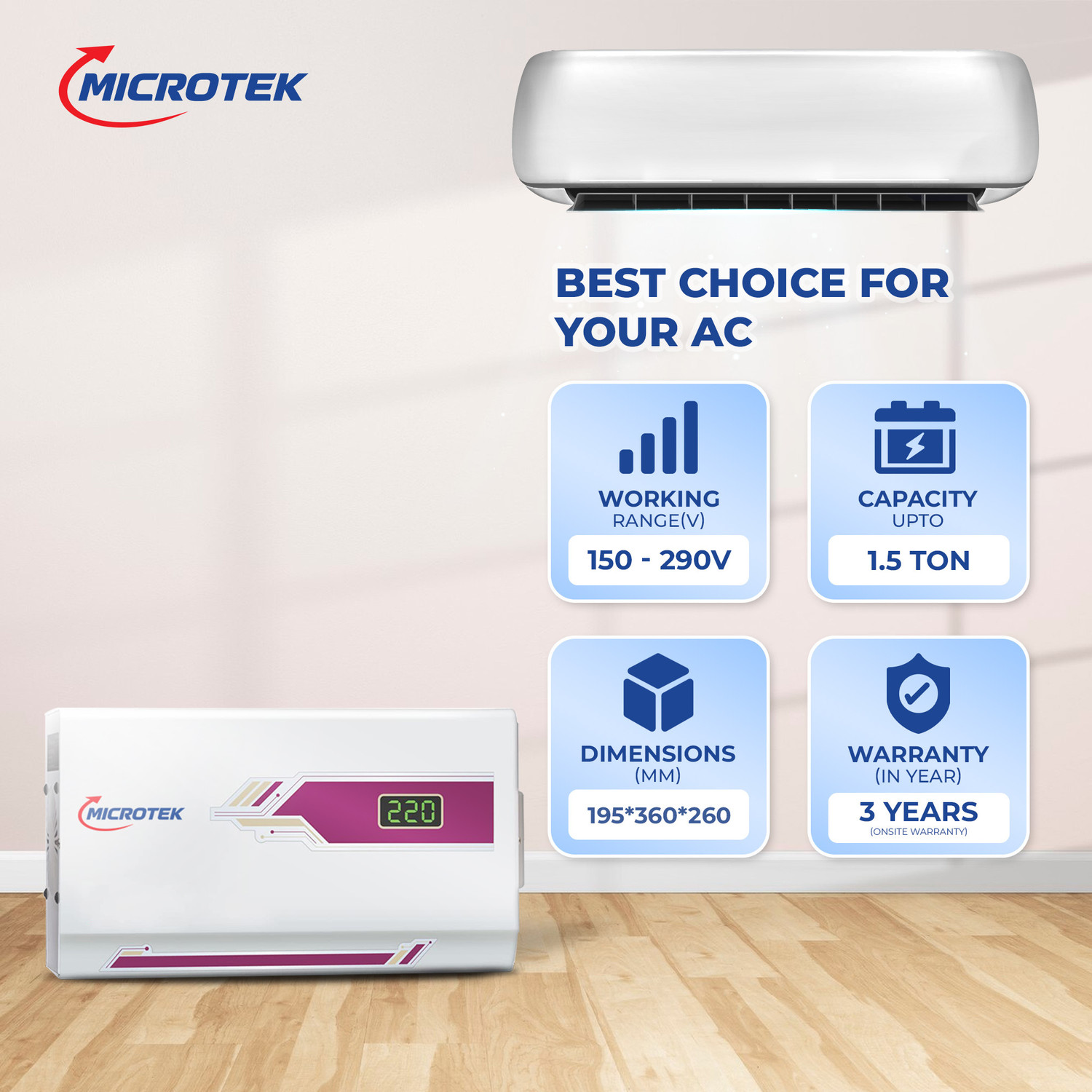 Image of Microtek PEARL EM5150+ Automatic Voltage Stabilizer for AC up to 1.5 Ton Working Power 150V - 290�5V