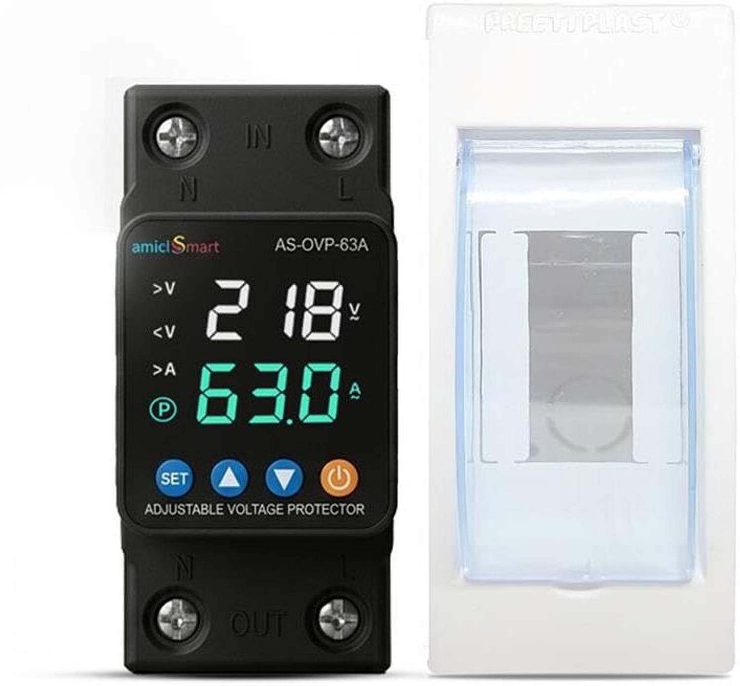 amiciSmart Auto Over/Under Voltage & Overload Protection 63A Din-Rail LED with Mount Voltage Protection