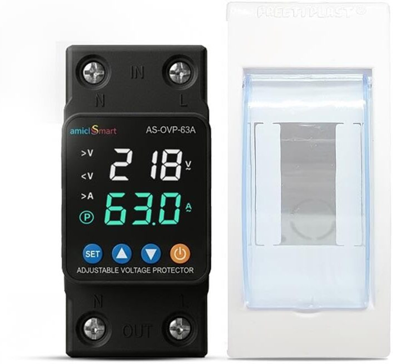 Image of amiciSmart Auto Over /Under Voltage & Overload Protection 63A Din-Rail LED with Mount Voltage Protection