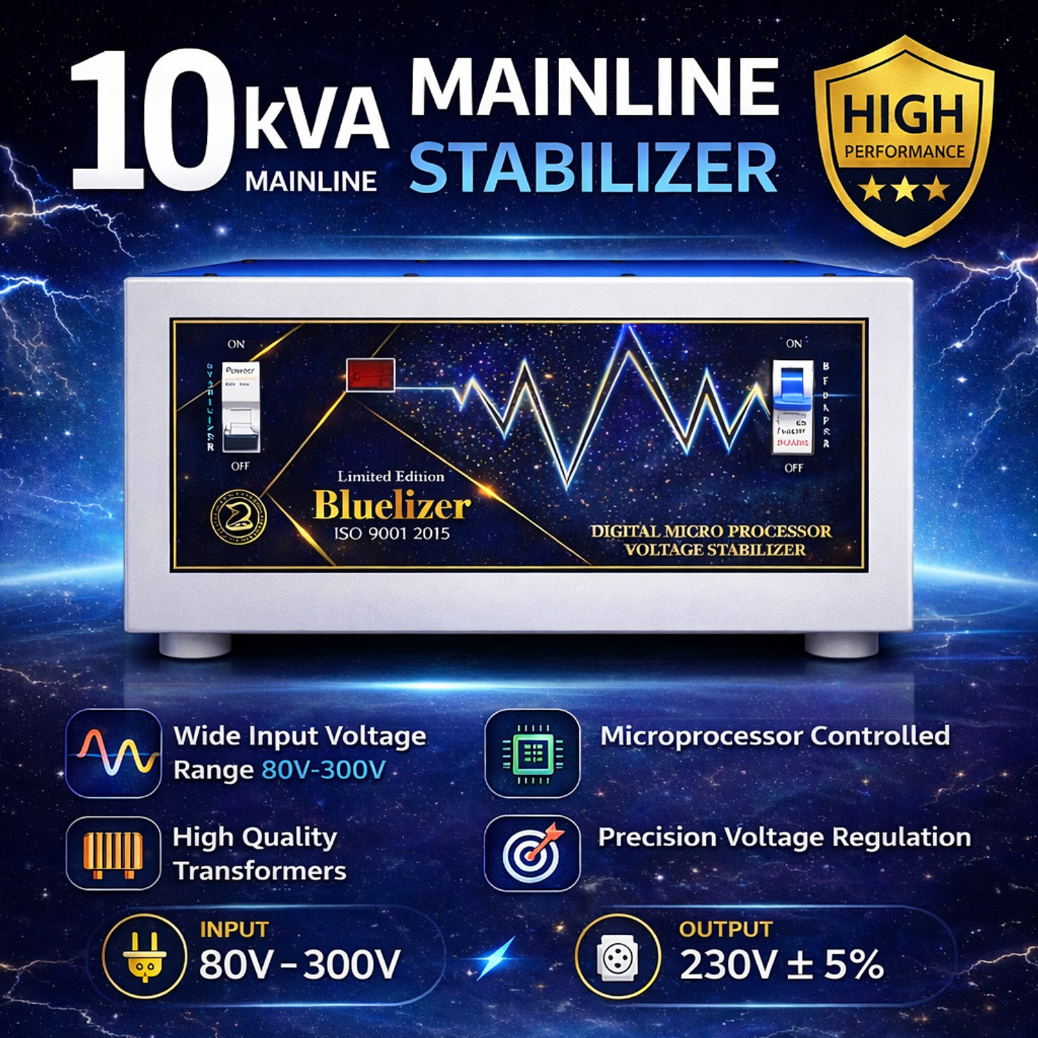 Image of BLUELIZER 10KVA (80- 300)V Mainline Voltage Stabilizer with In-Display Ampere Meter Copper Wired | |High /Low Cut Off | 2 Year Warranty|