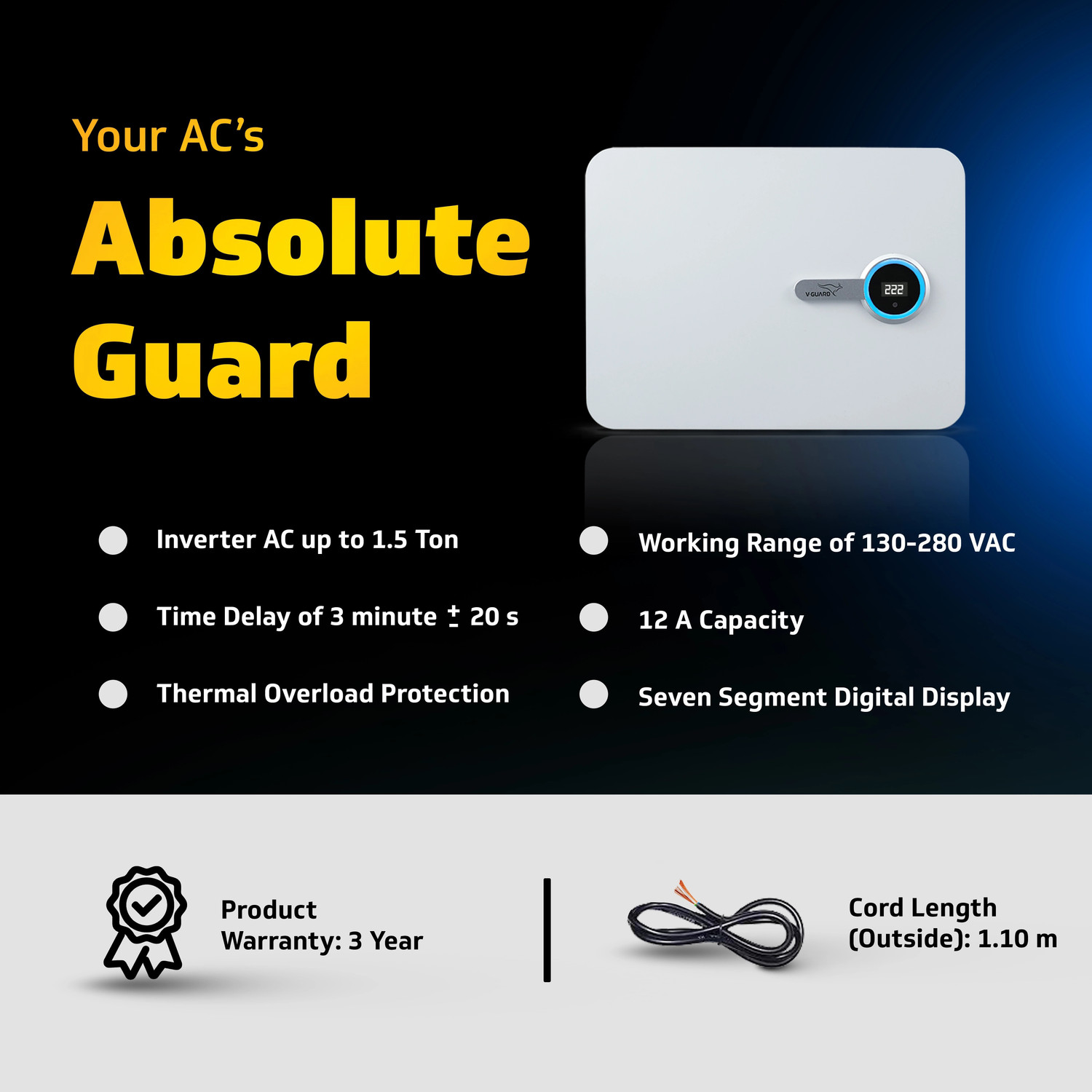 Image of V-Guard iD4 Ace 5540 AC Stabilizer | Digital Display | LED Rings|(130-280 VAC)