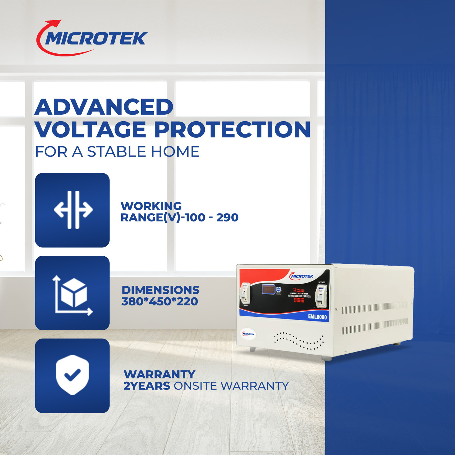 Image of Microtek EML10090 Auto Start | Low & High Cut-Off | MCB Protection | Input Range 100V-290�5V