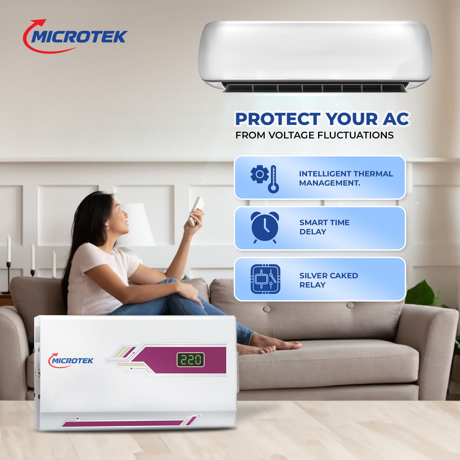 Image of Microtek PEARL EM5150+ Automatic Voltage Stabilizer for AC up to 1.5 Ton Working Power 150V - 290�5V