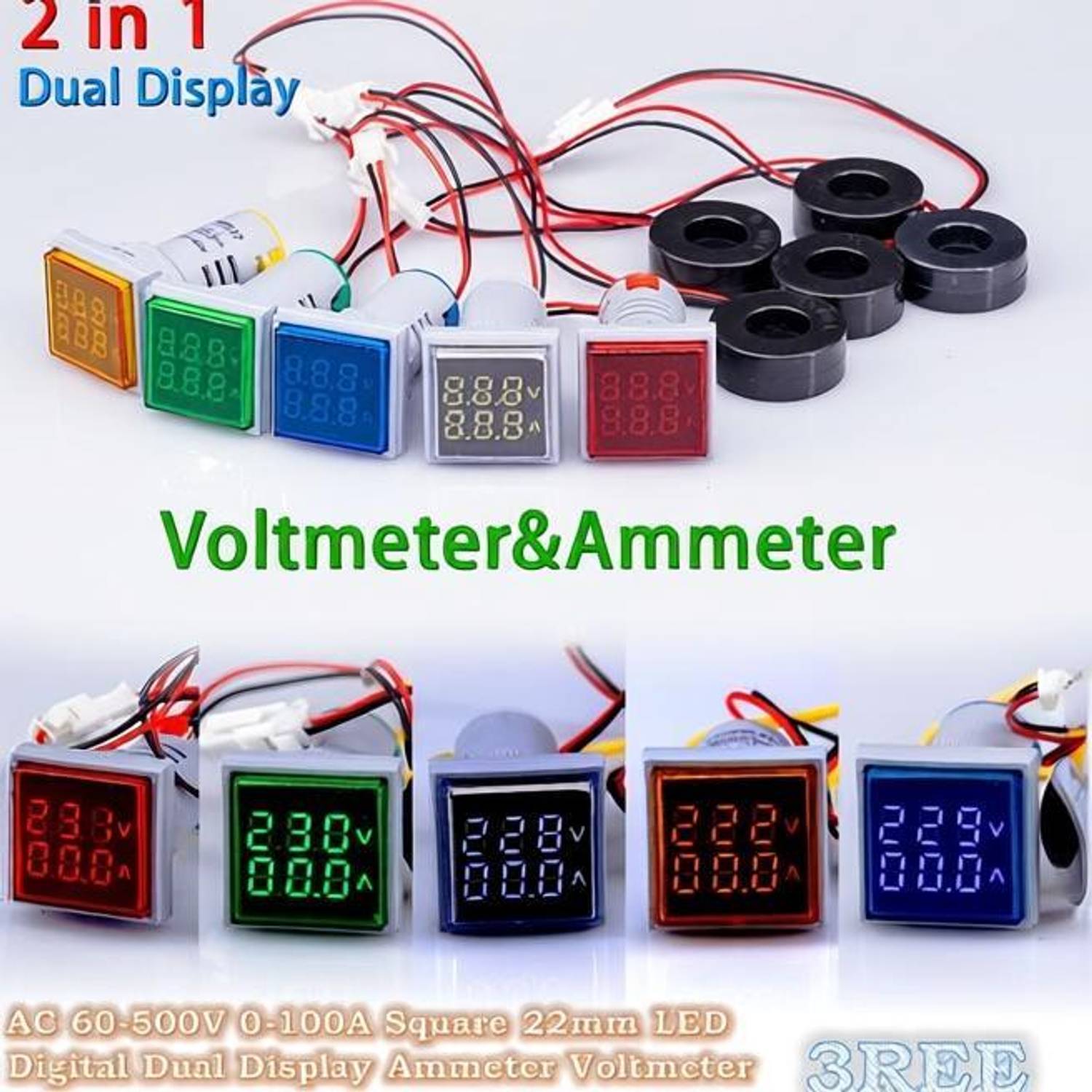 3REE A AC 60-500V 0-100A Square 22mm LED Digital Dual Display Ammeter Voltmeter Voltmeter