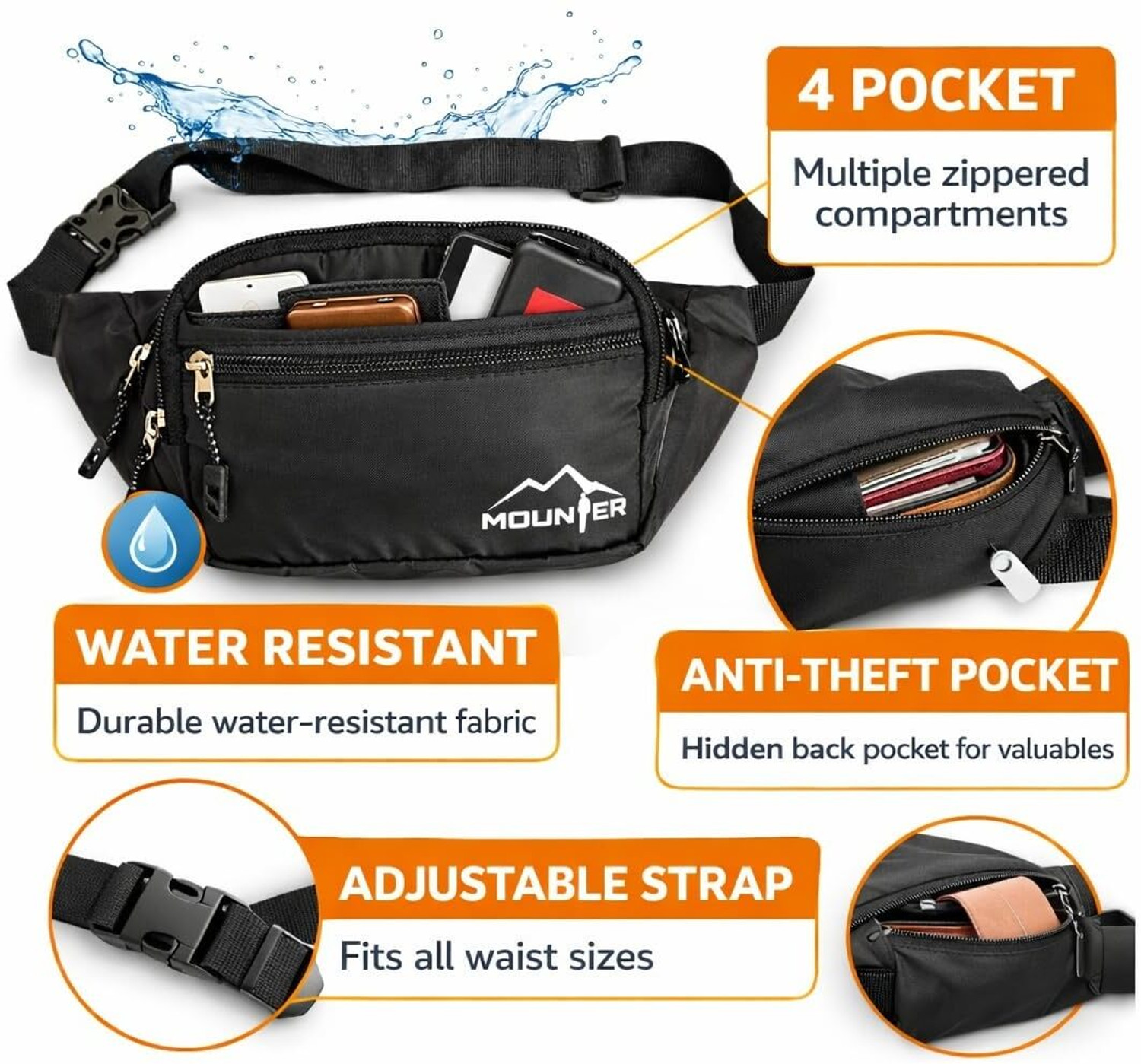 Image of MOUNTER Anti Theft, Water Resistant, Lightweight, Adjustable Fanny Pack Waist Bag