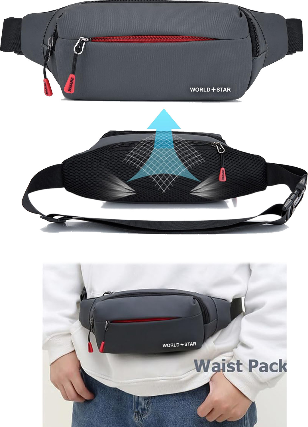 Image of Worldstar wiast bag Waist Pouch Pack Travel Side Sling Travel Essentials for Running, Riding a Bike (Grey)