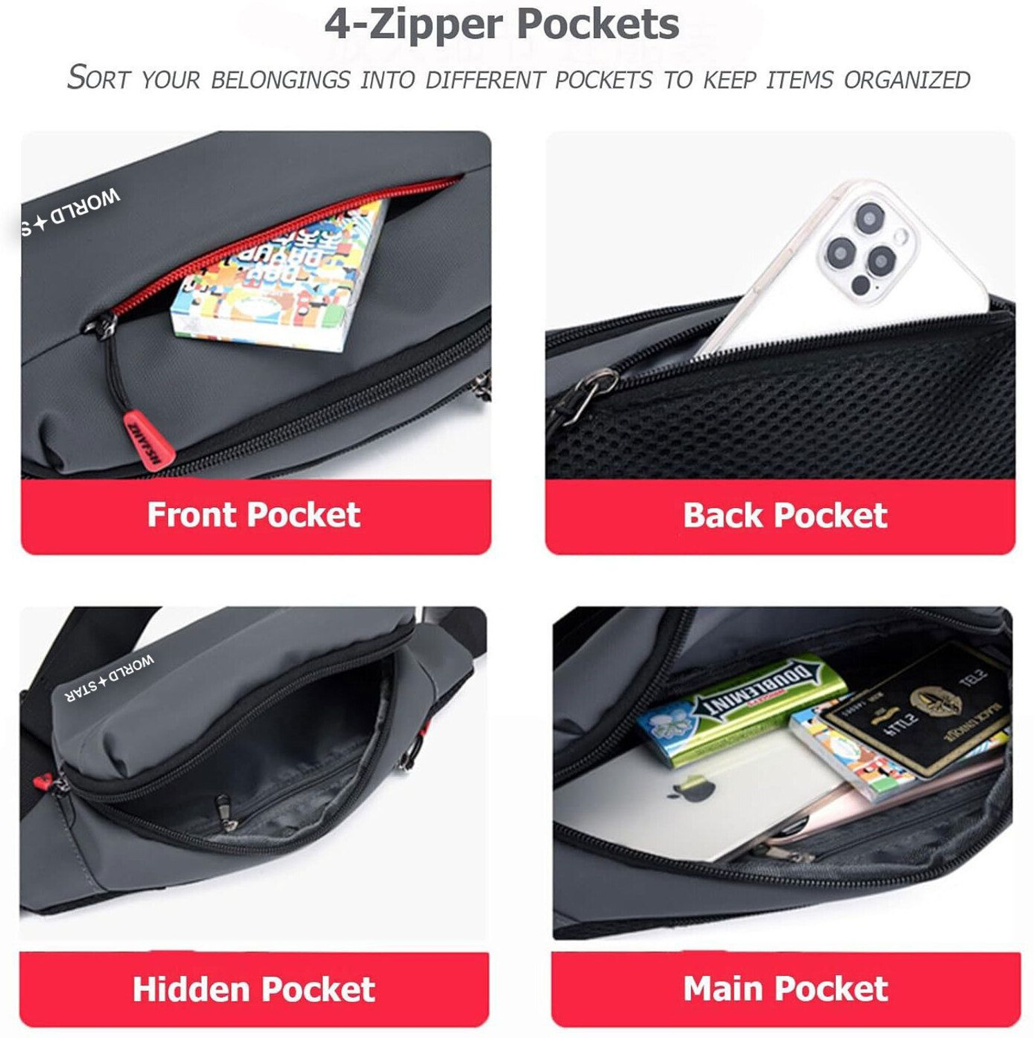 Image of Worldstar wiast bag Waist Pouch Pack Travel Side Sling Travel Essentials for Running, Riding a Bike (Grey)