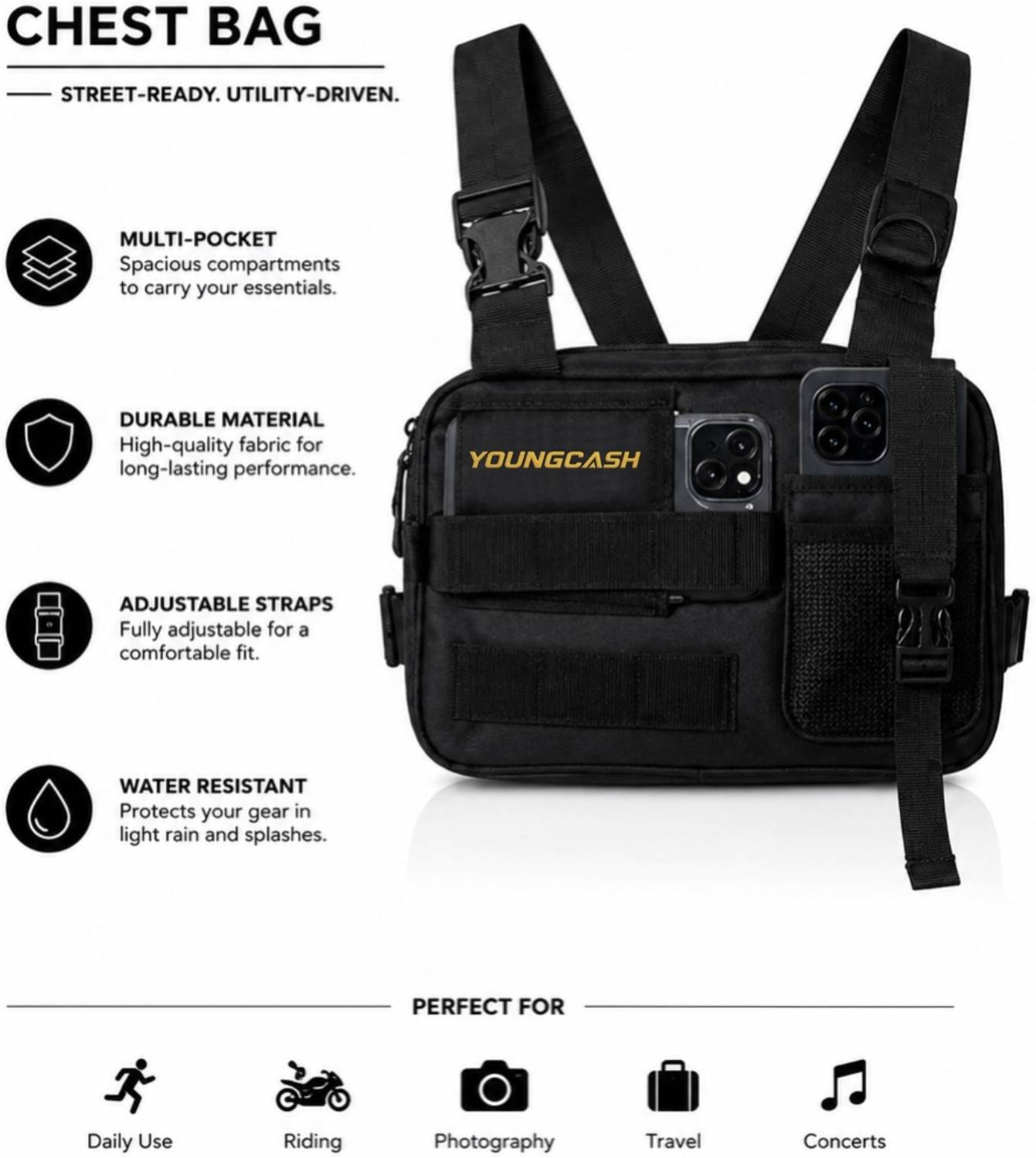 youngcash Tactical Chest Harness Phone Holder Adjustable Utility Vest