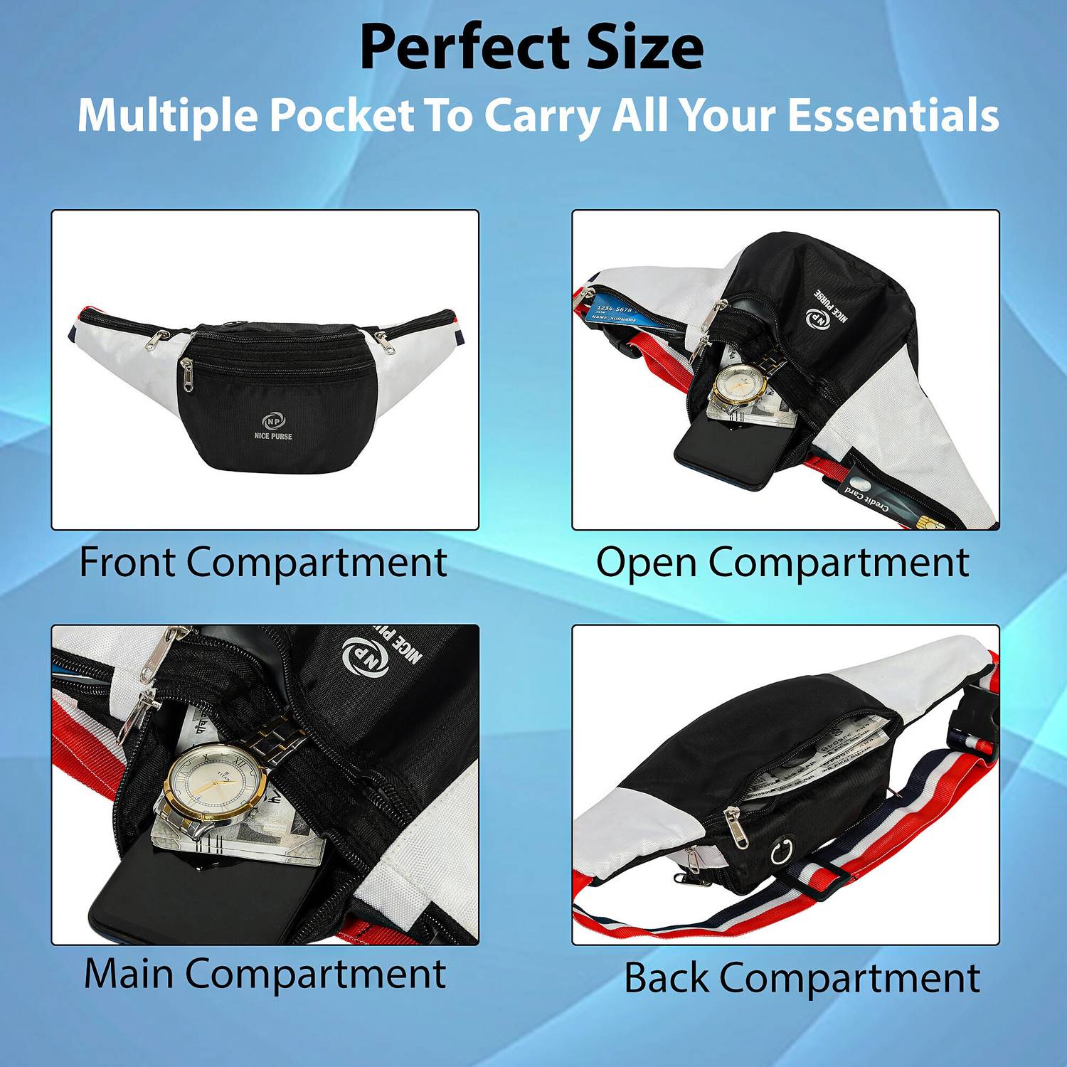 Nice Purse BK-WHITE KAMAR POUCH SMALL WAIST BAG BLACK, WHITE