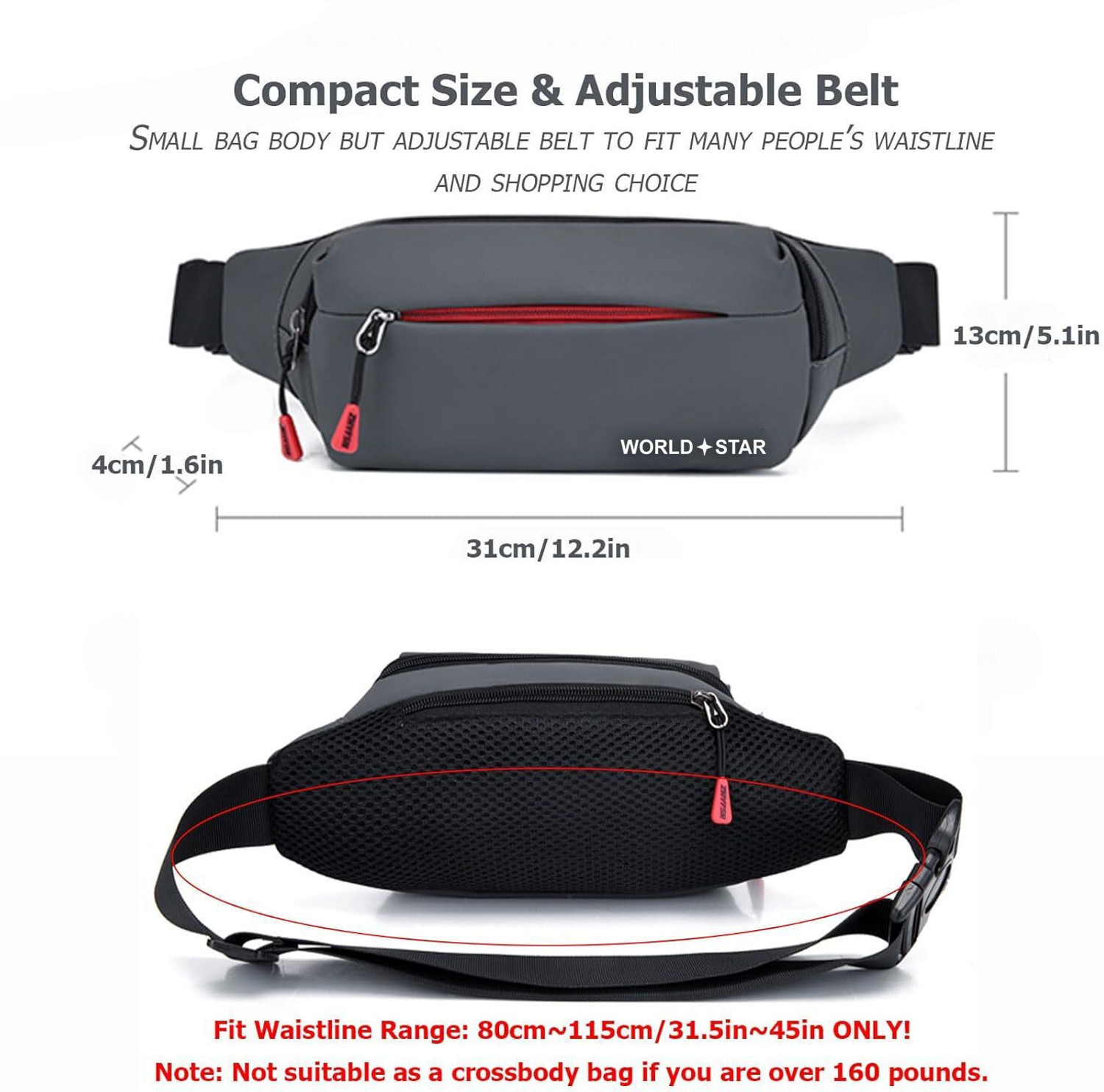 Image of Worldstar wiast bag Waist Pouch Pack Travel Side Sling Travel Essentials for Running, Riding a Bike (Grey)