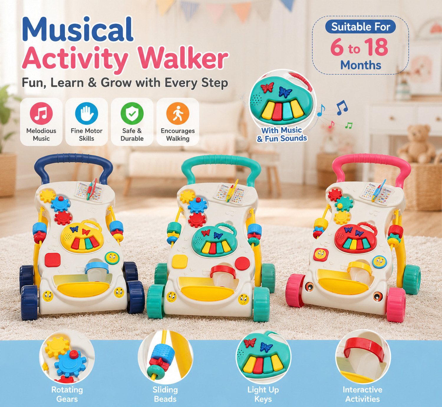 Image of baby tone Walkify Pro Activity Musical Walker, 6-18 months
