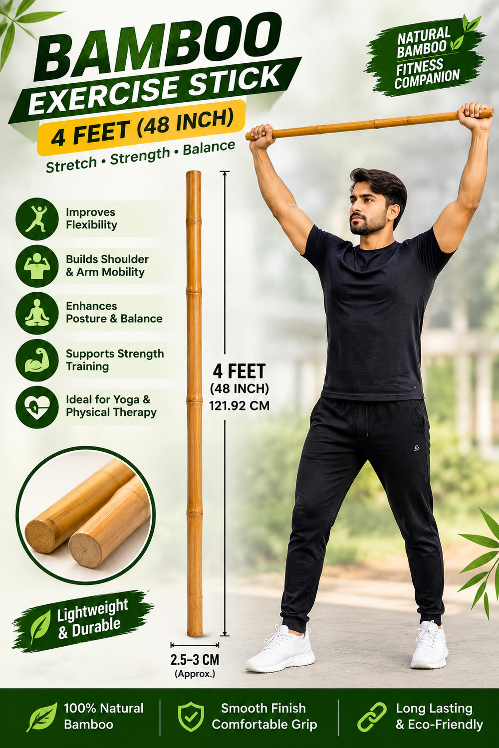 Image of bareillycane Bamboo Exercise Stick 4 Feet (48 Inch) Walking Stick
