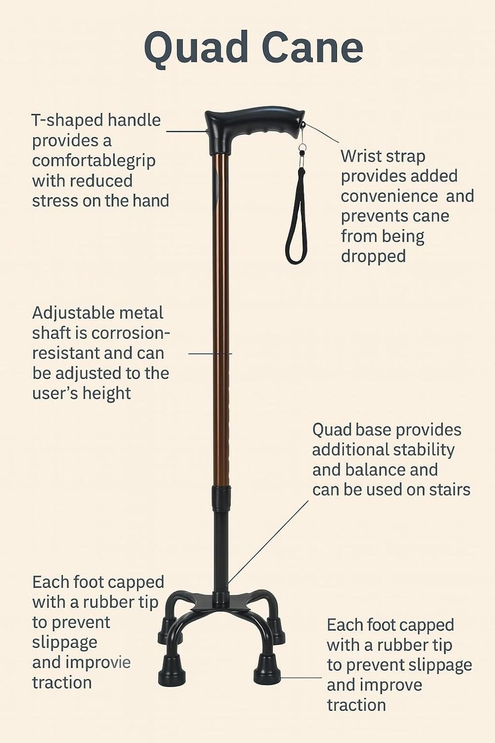 Image of Able 4-Leg Strong Walking Stick for Old People Adjustable Height,Heavy Duty (Copper) Walking Stick