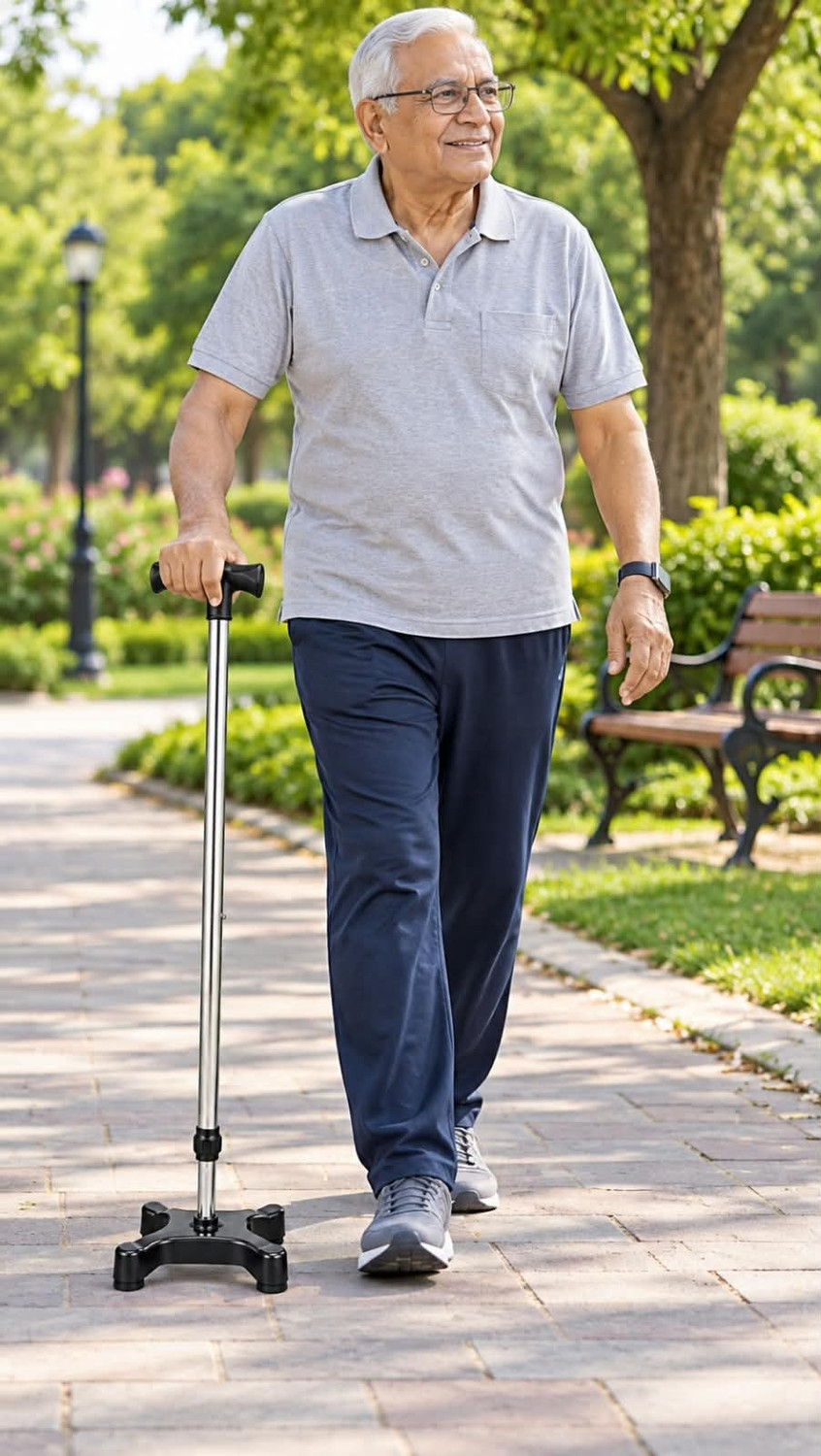 Image of KBG Quad Base Walking Stick with T-Handle and Adjustable Heigh Walking Stick