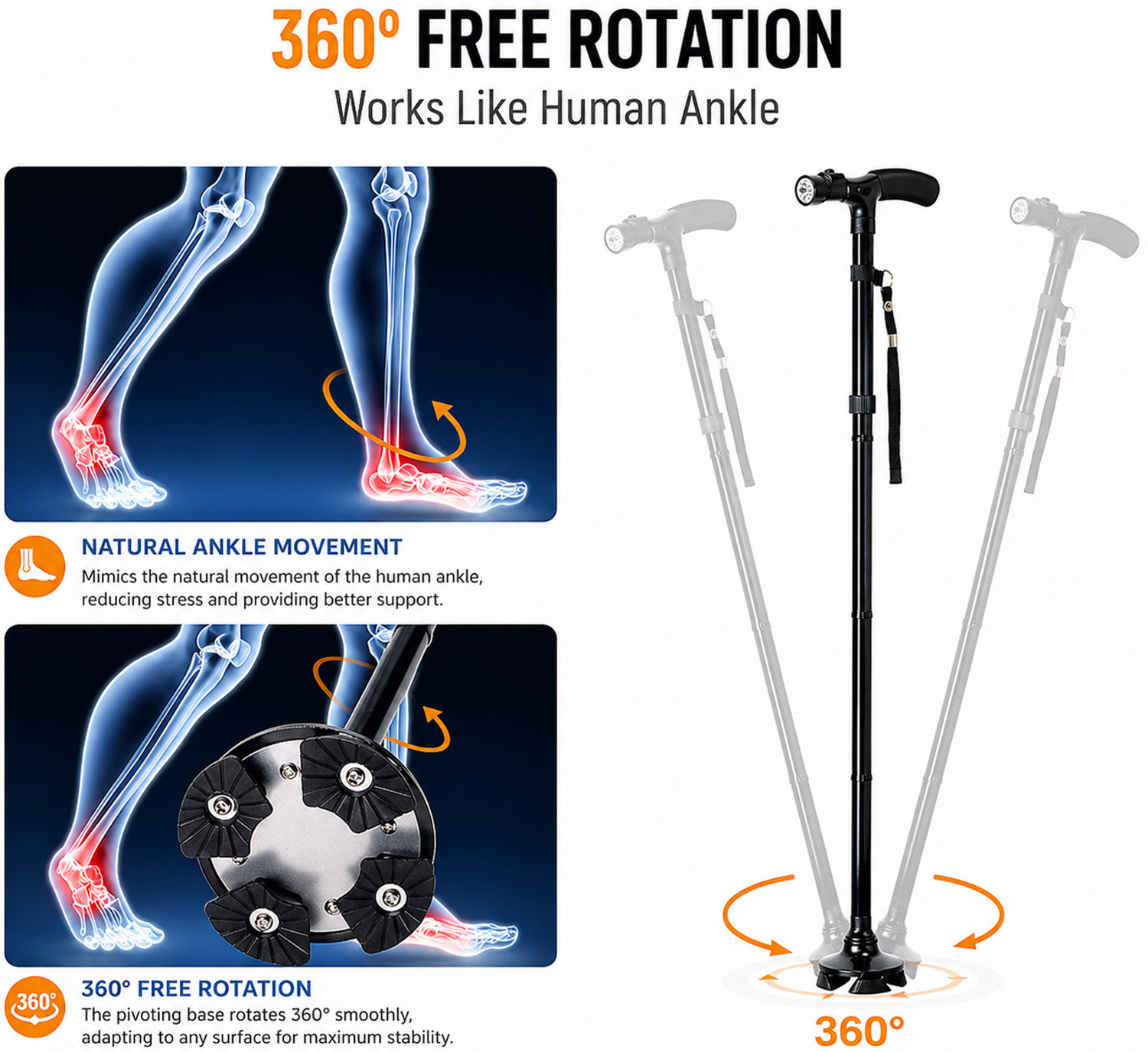 Image of pranzo Rotating Base Folding Walking Stick with LED Light Walking Stick