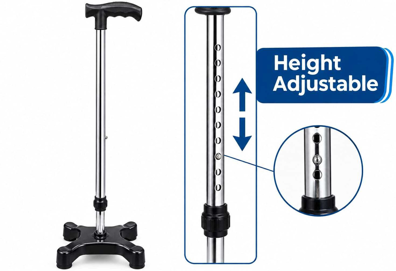 Image of KBG Quad Base Walking Stick with T-Handle and Adjustable Heigh Walking Stick