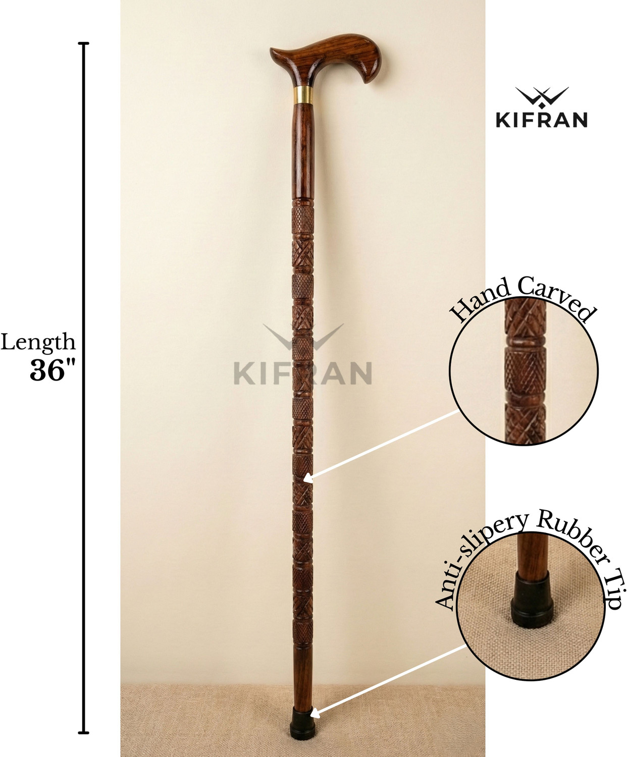 Image of KIFRAN Premium Handcarved Wooden Walking Stick 36 Inch Vintage Style Unisex Stick Walking Stick