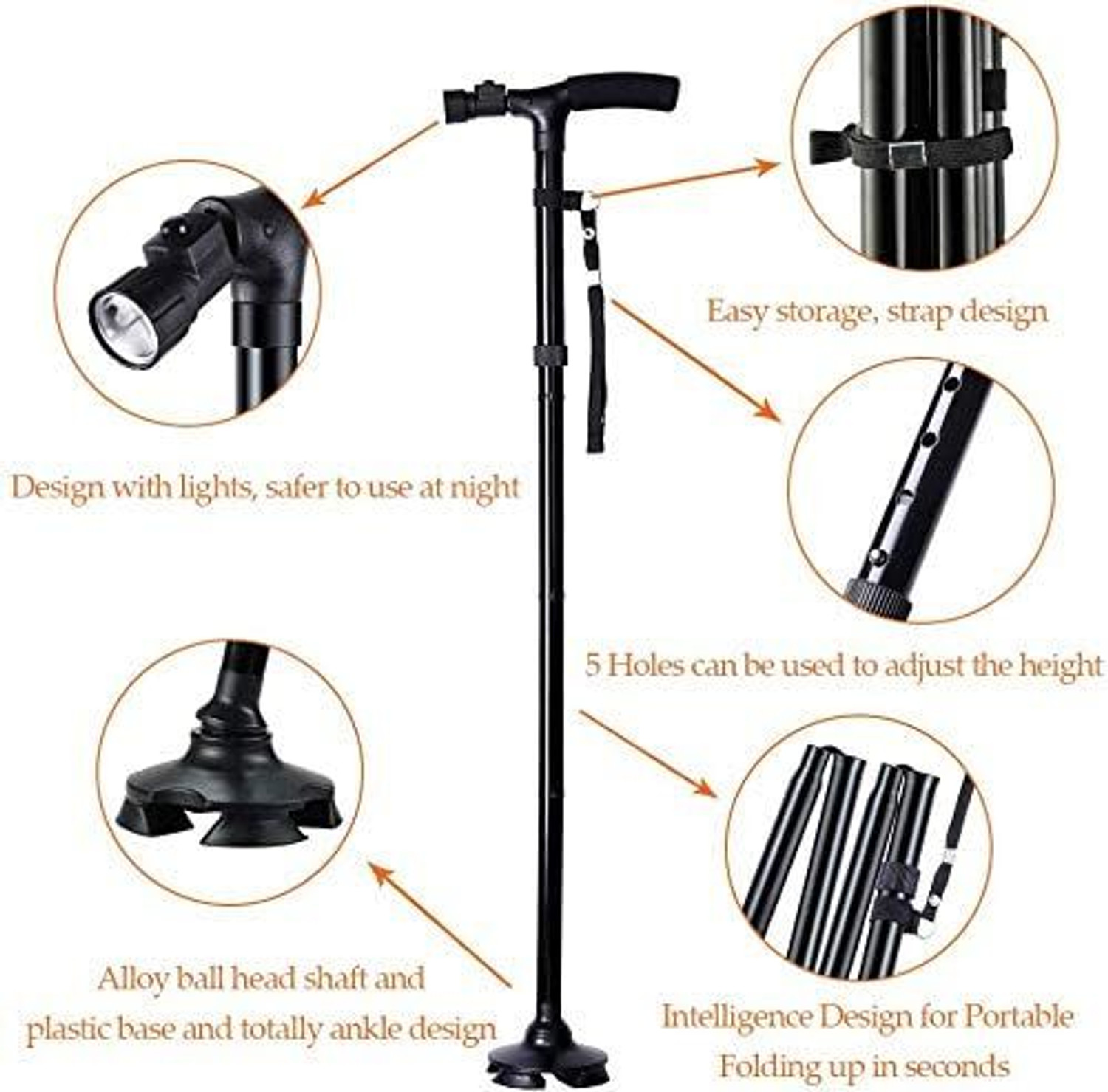 Image of pranzo Rotating Base Folding Walking Stick with LED Light Walking Stick