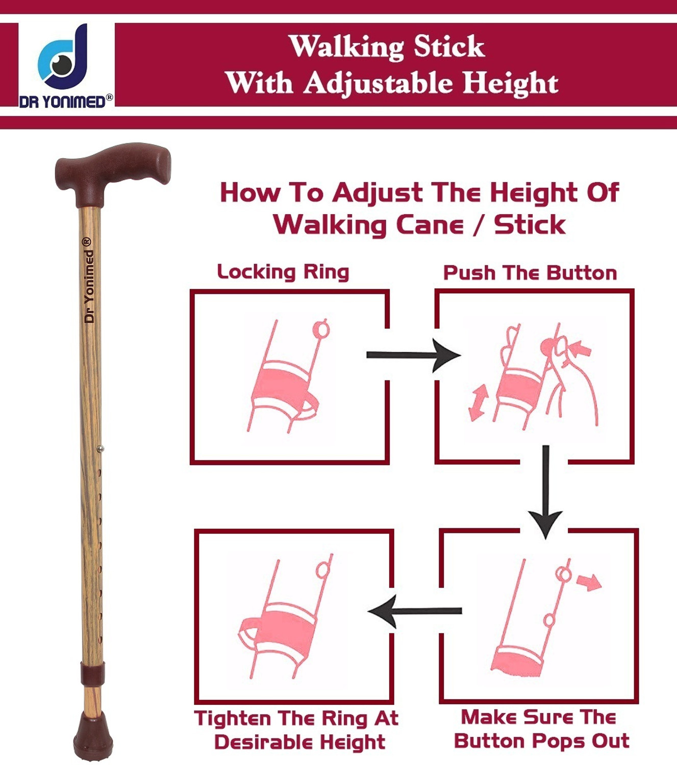 Image of DR YONIMED Walking Stick Brown (Wooden Finish) Height Adjustable Old Men & Women Walking Stick