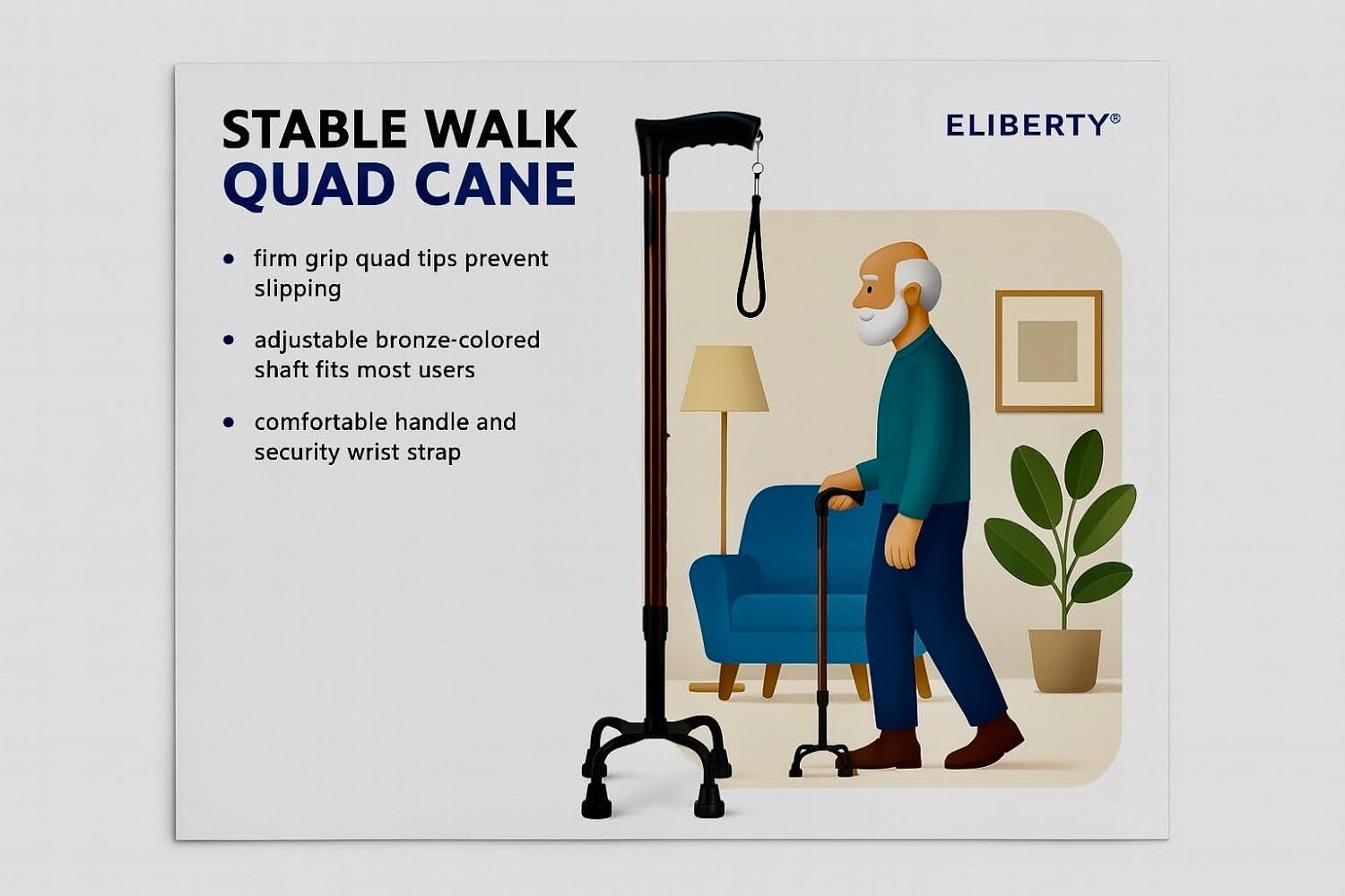 Image of Able 4-Leg Strong Walking Stick for Old People Adjustable Height,Heavy Duty (Copper) Walking Stick