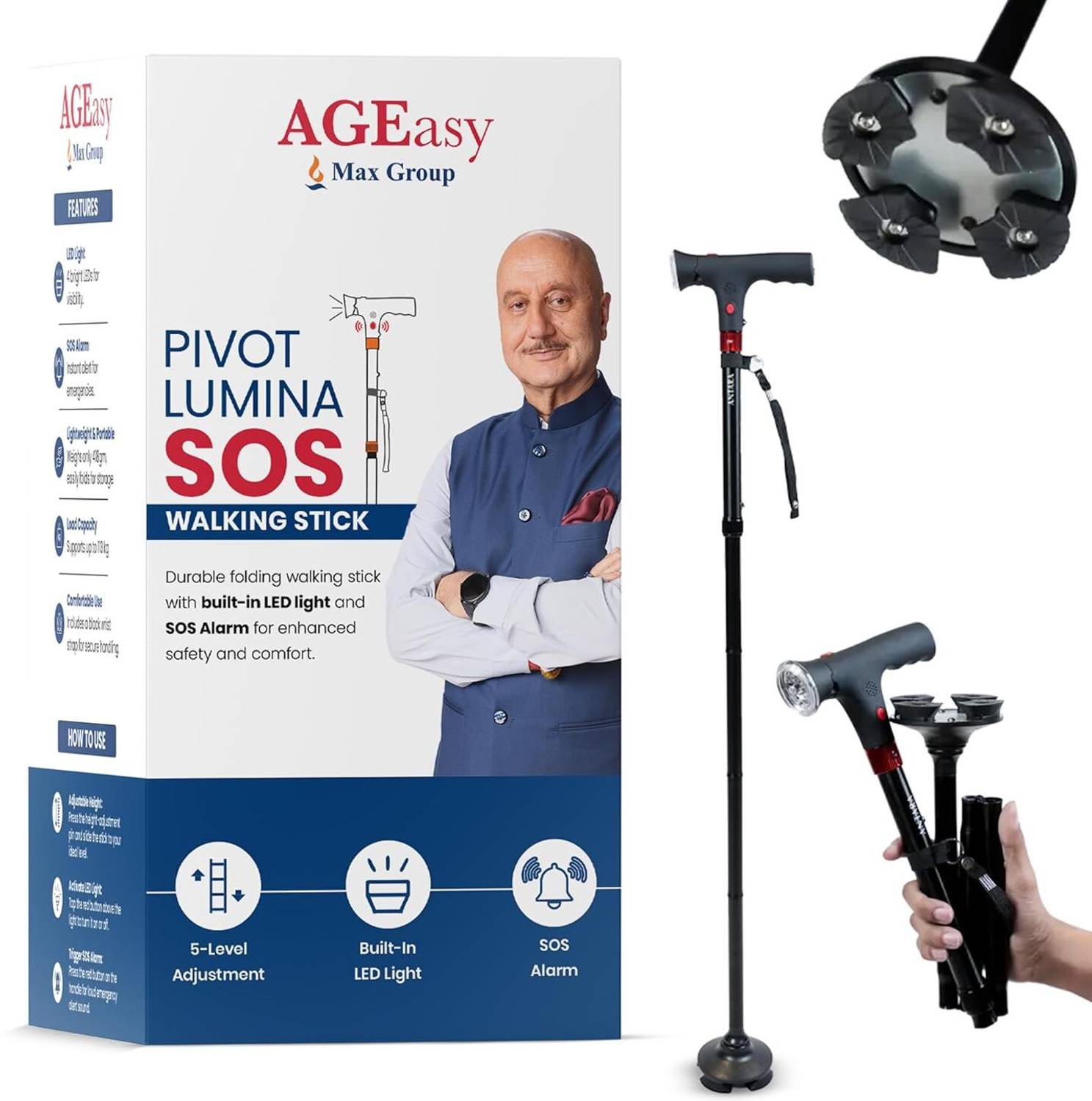 AGEasy (Max Group)Foldable Walking Stick, LED Light & SOS Alarm Siren, Lightweight Walking Stick