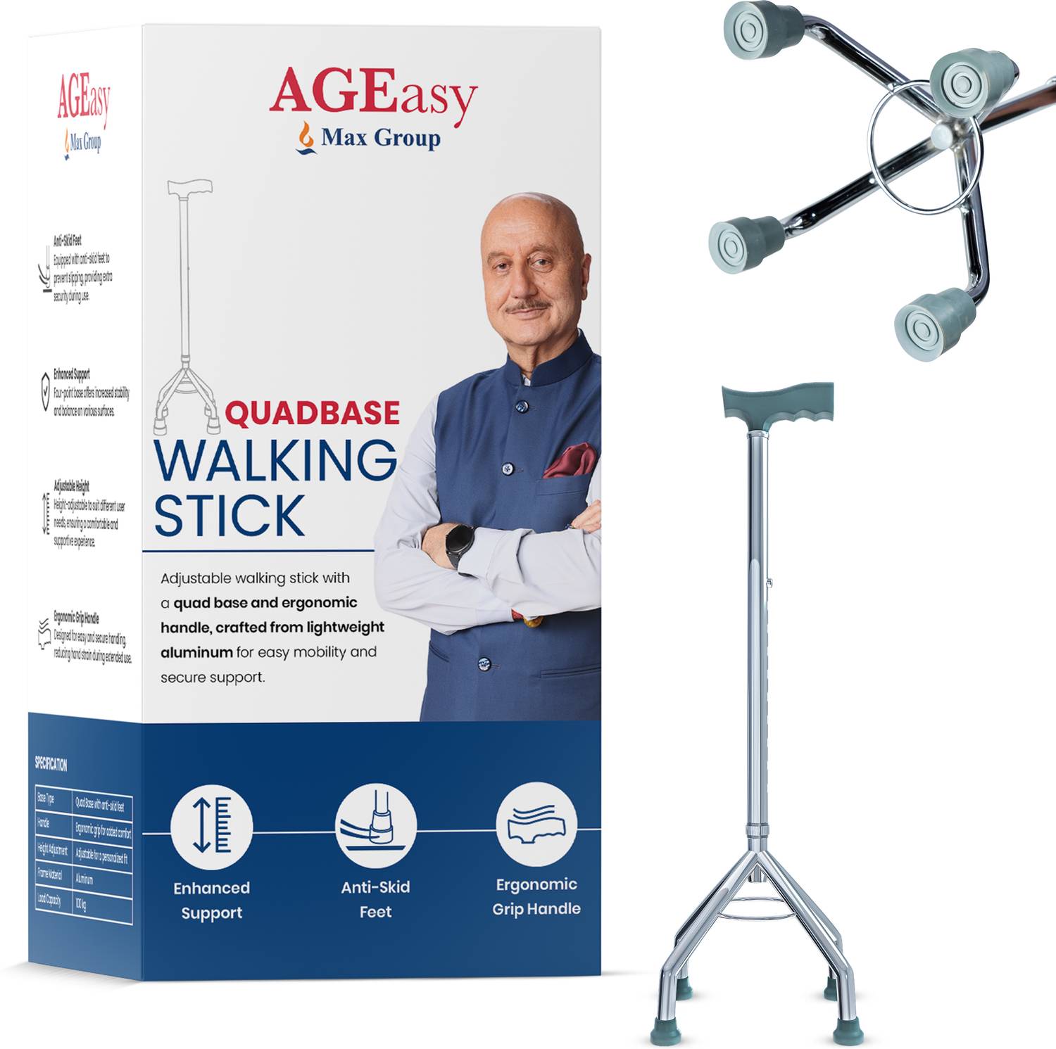 AGEasy (Max Group)Quadbase Four Leg Walking Stick for Old, Men&Women, Lightweight, Walking Stick