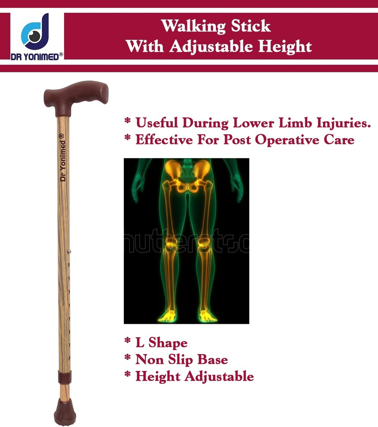 Image of DR YONIMED Walking Stick Brown (Wooden Finish) Height Adjustable Old Men & Women Walking Stick
