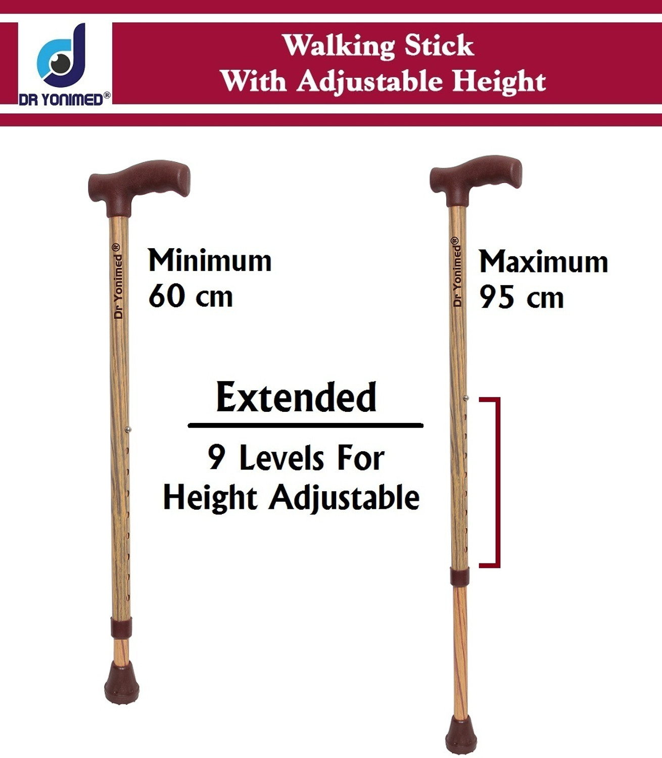 Image of DR YONIMED Walking Stick Brown (Wooden Finish) Height Adjustable Old Men & Women Walking Stick