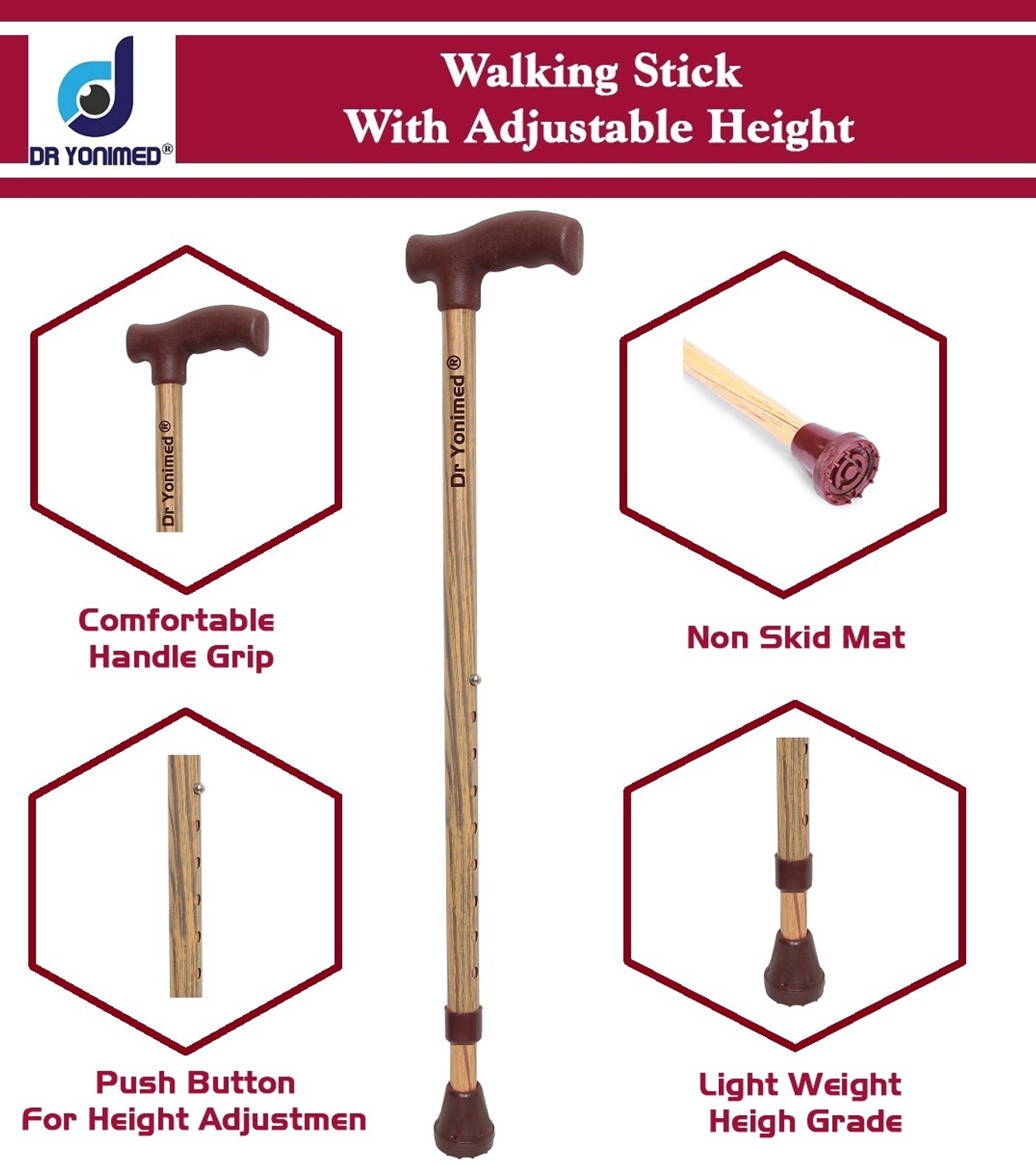 Image of DR YONIMED Walking Stick Brown (Wooden Finish) Height Adjustable Old Men & Women Walking Stick