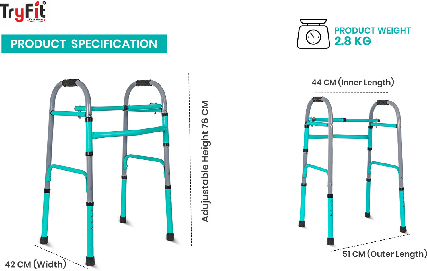 Image of TryFit Eco Walker Lightweight Foldable Walker with Adjustable Height Anti-Skid Grip Walking Stick