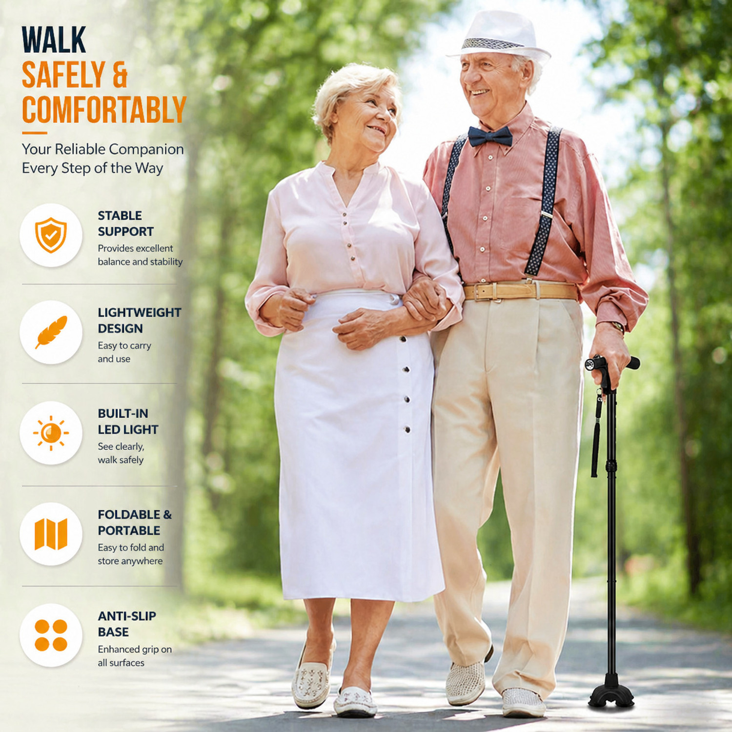 Image of pranzo Rotating Base Folding Walking Stick with LED Light Walking Stick