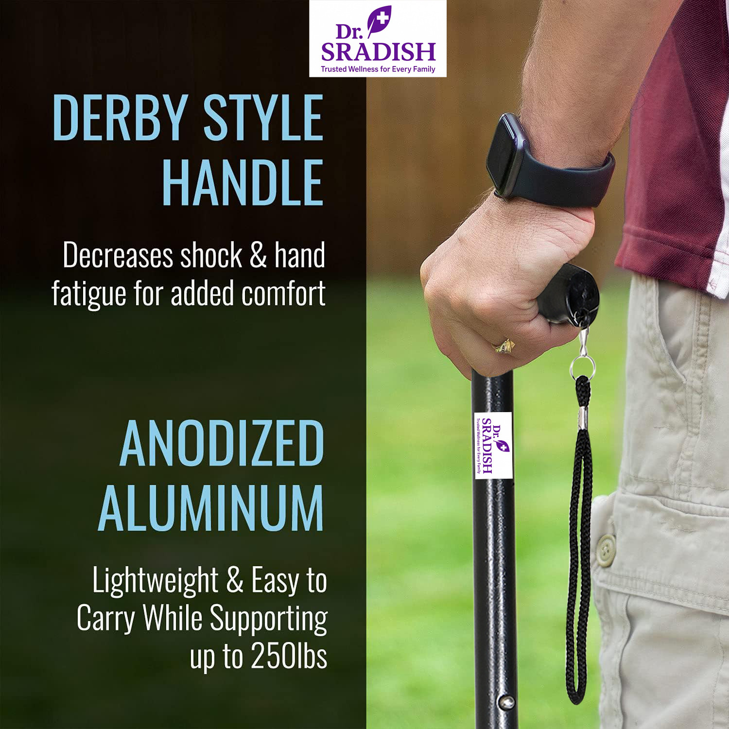Image of DR. SRADISH Adjustable Stick for Seniors Lightweight with Anti-Slip Rubber Base Wrist Strap Walking Stick