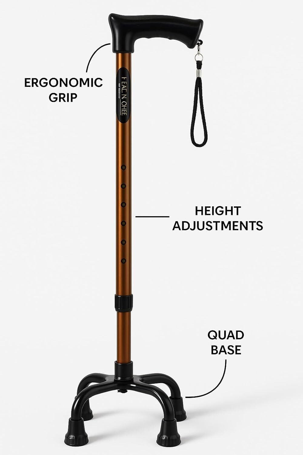 Image of Able 4-Leg Strong Walking Stick for Old People Adjustable Height,Heavy Duty (Copper) Walking Stick