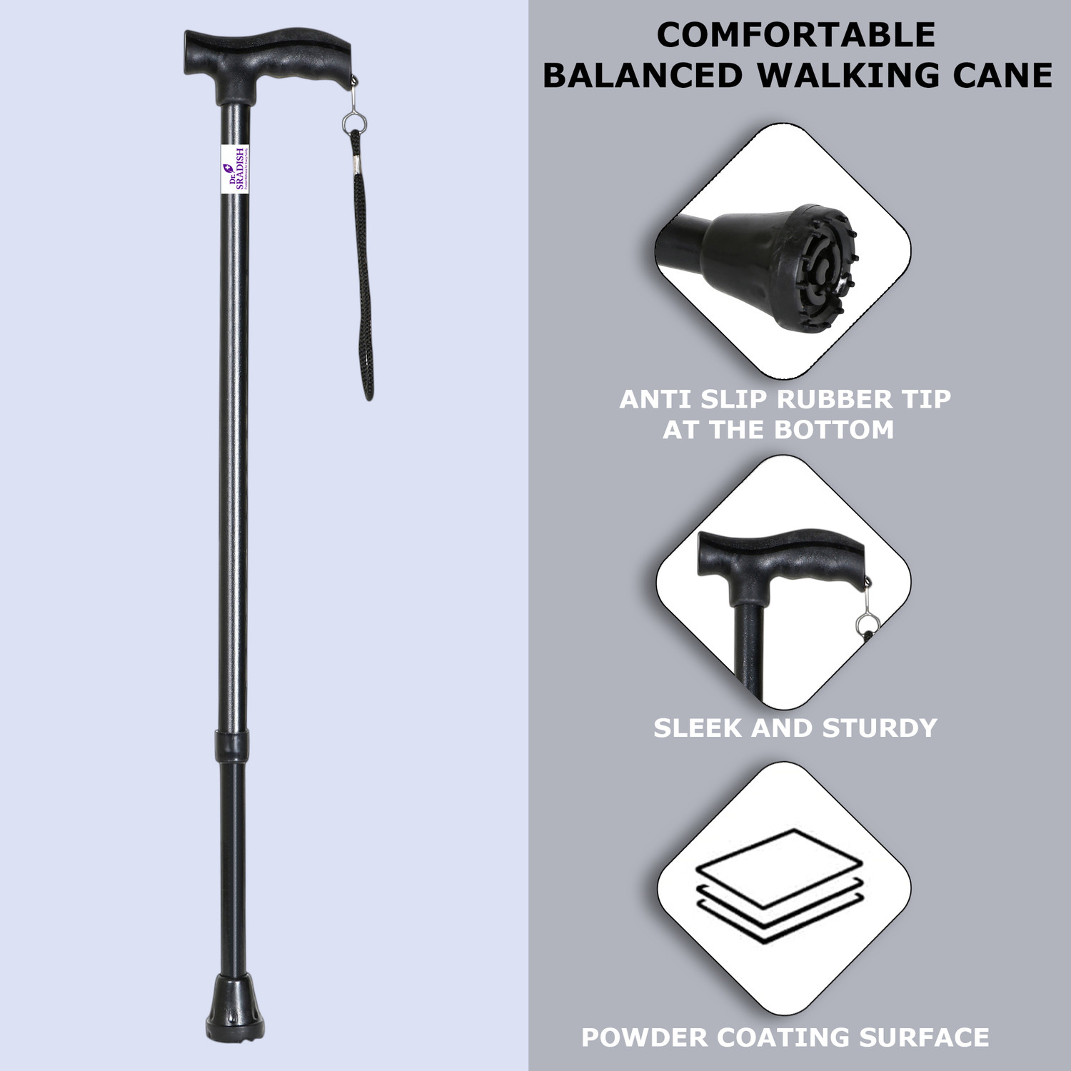 Image of DR. SRADISH Adjustable Stick for Seniors Lightweight with Anti-Slip Rubber Base Wrist Strap Walking Stick