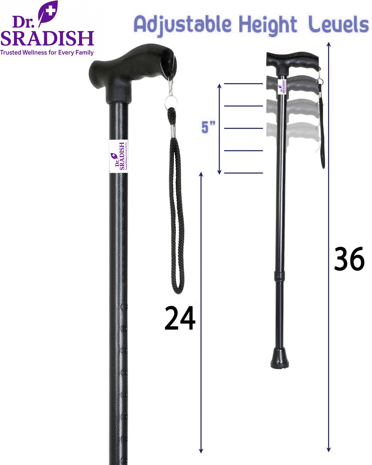 Image of DR. SRADISH Adjustable Stick for Seniors Lightweight with Anti-Slip Rubber Base Wrist Strap Walking Stick