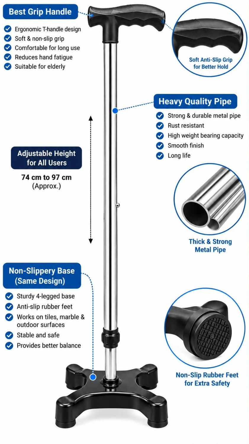 Image of KBG Quad Base Walking Stick with T-Handle and Adjustable Heigh Walking Stick