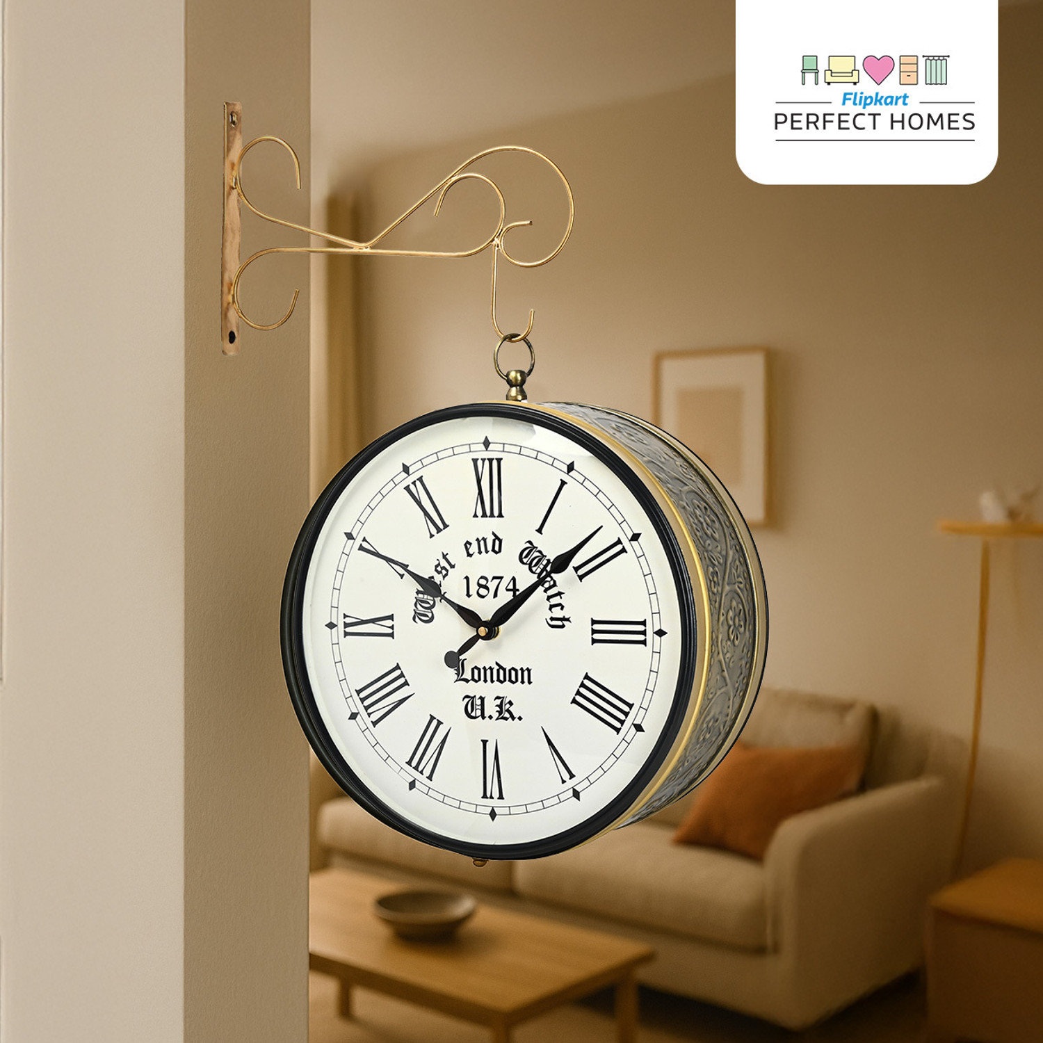 Image of Flipkart Perfect Homes Analog 25.4 cm X 25.4 cm Wall Clock (Gold, With Glass, Station Clock)