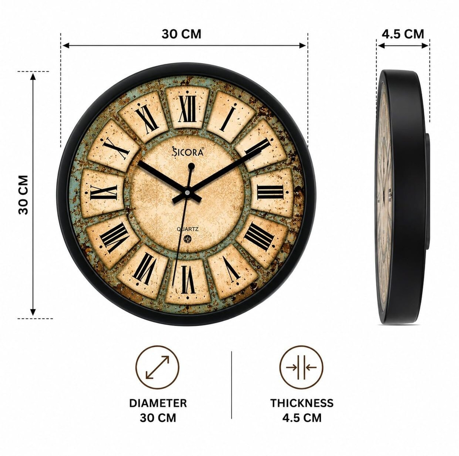 Image of SICORA Analog 30 cm X 30 cm Wall Clock (Black, With Glass, Standard)